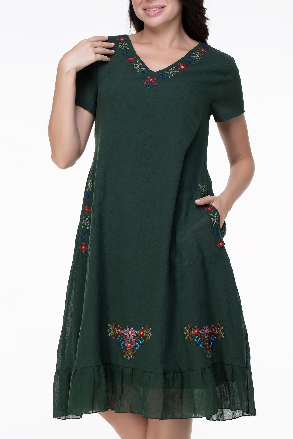 Kısa Kol Büyük Beden Mehtap Şile Bezi Nakış Detaylı Midi Boy Yazlık Otantik Elbise Yeşil Ysl