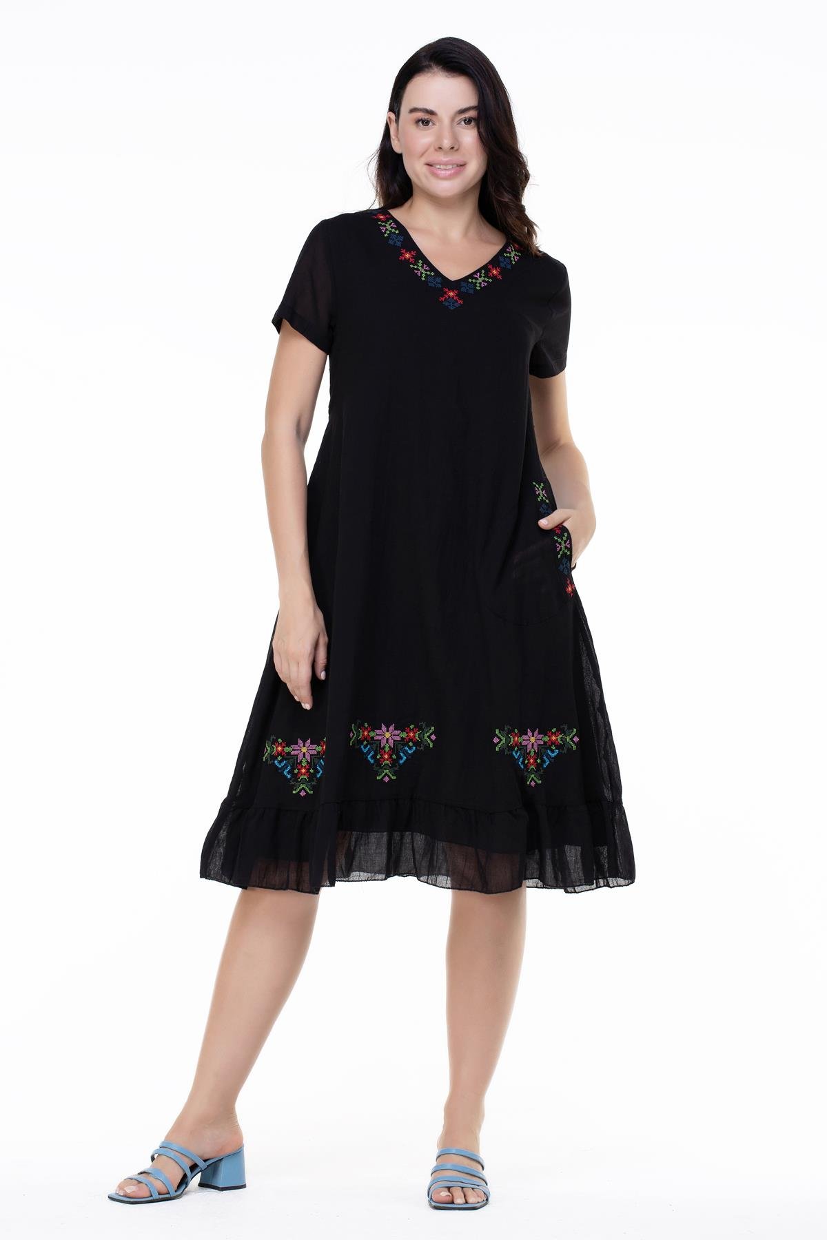 Kısa Kol Büyük Beden Mehtap Şile Bezi Nakış Detaylı Midi Boy Yazlık Otantik Elbise Siyah Syh