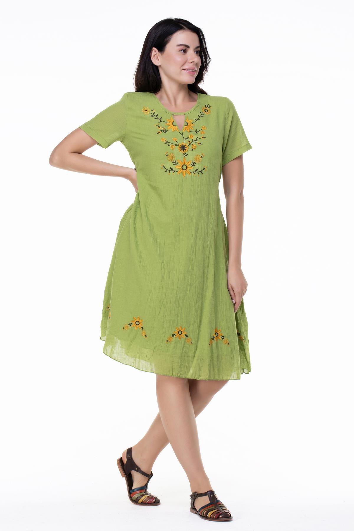 Kısa Kol Büyük Beden Vual Neslihan Midi Boy Çiçek Desen Yazlık Elbise Fıstık Yeşili fysl