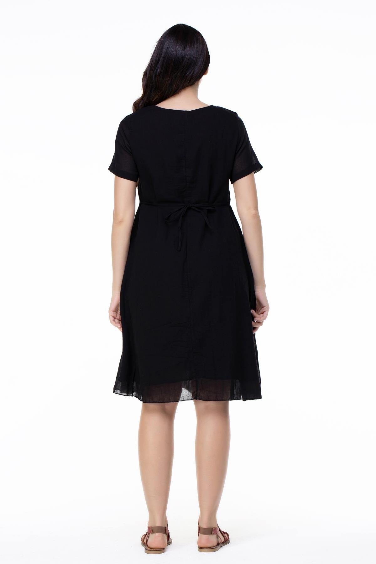 Kısa Kol Büyük Beden Vual Neslihan Midi Boy Çiçek Desen Yazlık Elbise Siyah Syh