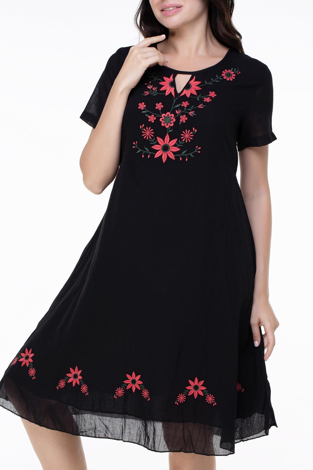 Kısa Kol Büyük Beden Vual Neslihan Midi Boy Çiçek Desen Yazlık Elbise Siyah Syh