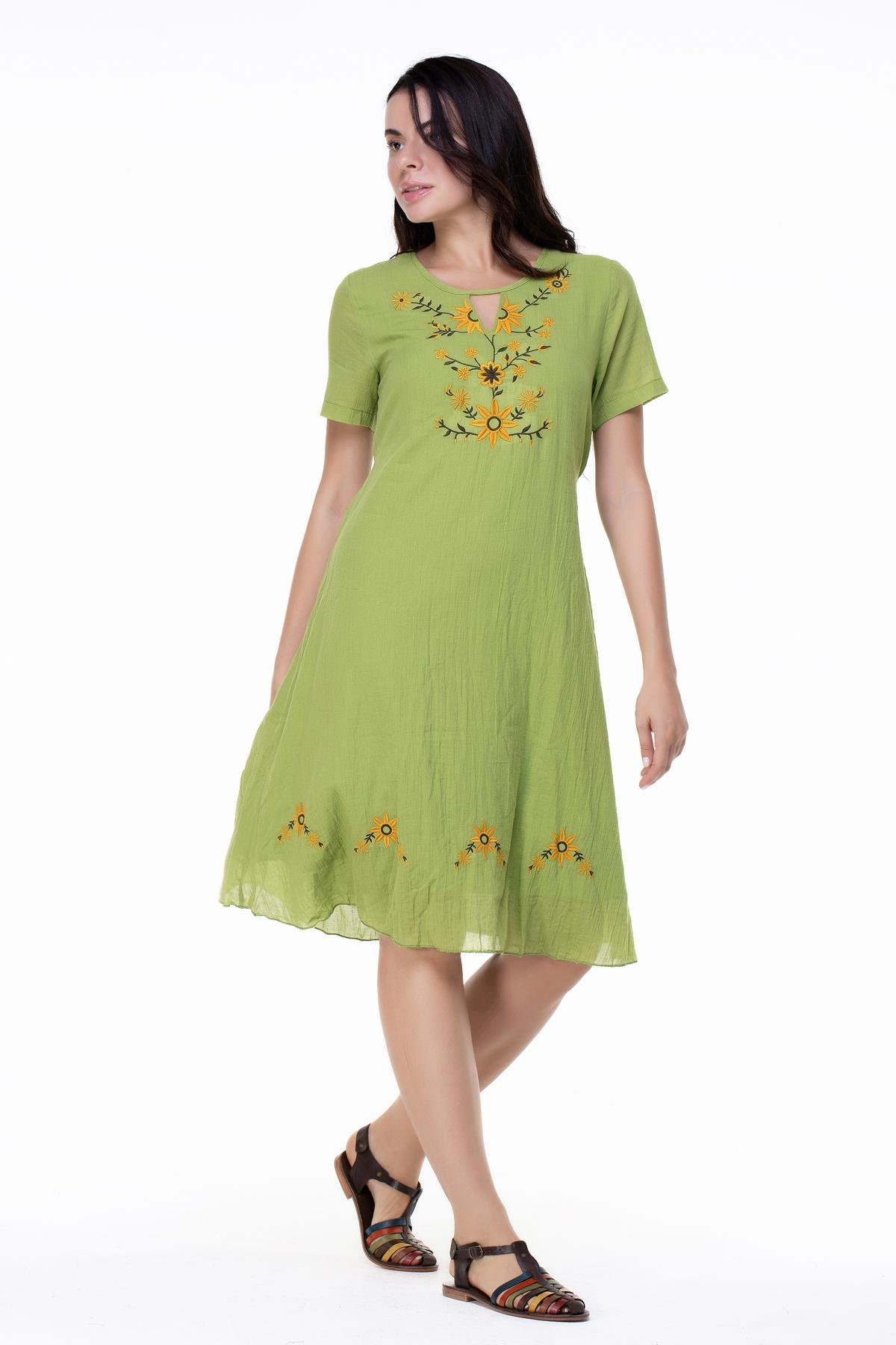 Kısa Kol Büyük Beden Vual Neslihan Midi Boy Çiçek Desen Yazlık Elbise Fıstık Yeşili fysl