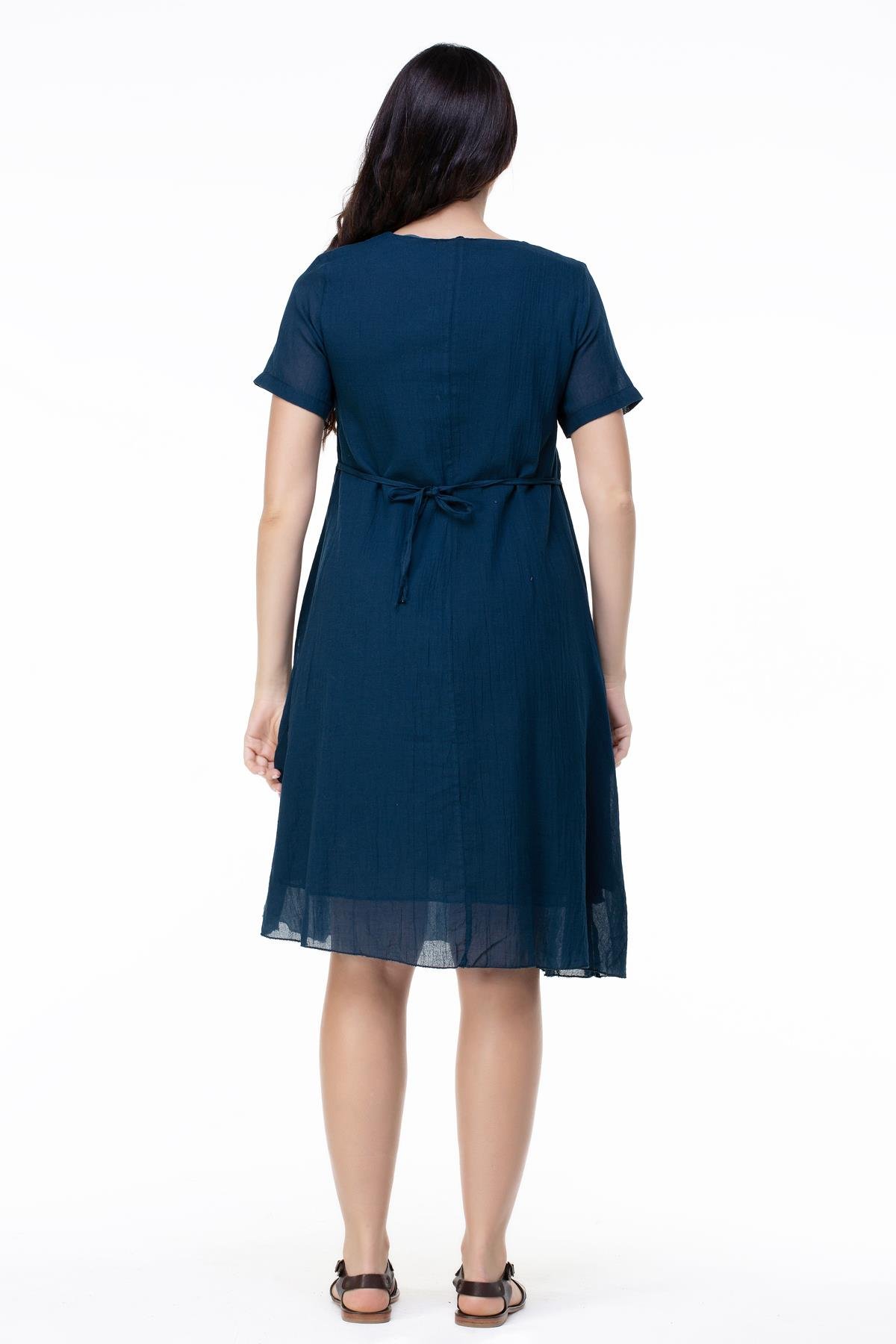 Kısa Kol Büyük Beden Vual Neslihan Midi Boy Çiçek Desen Yazlık Elbise Petrol Ptrl