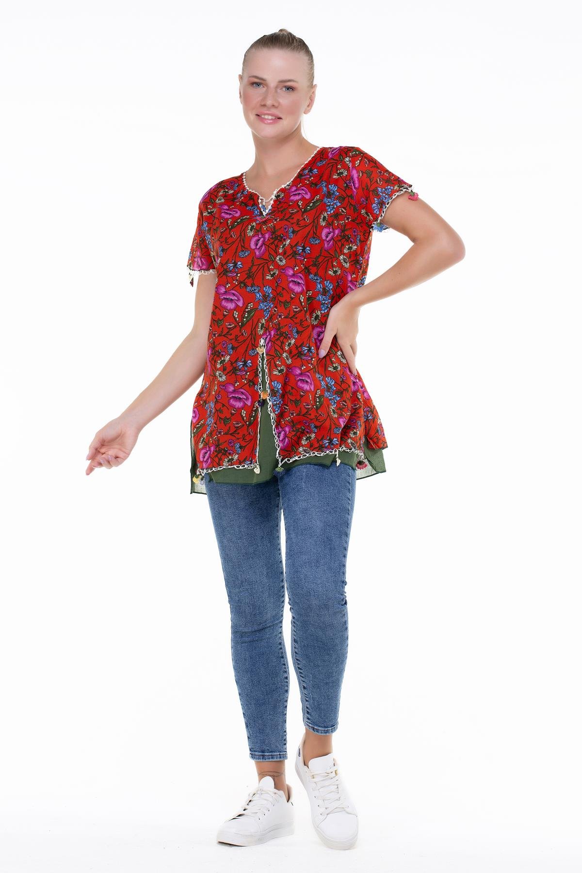Short Sleeve Ceyda Voile Blouse Red