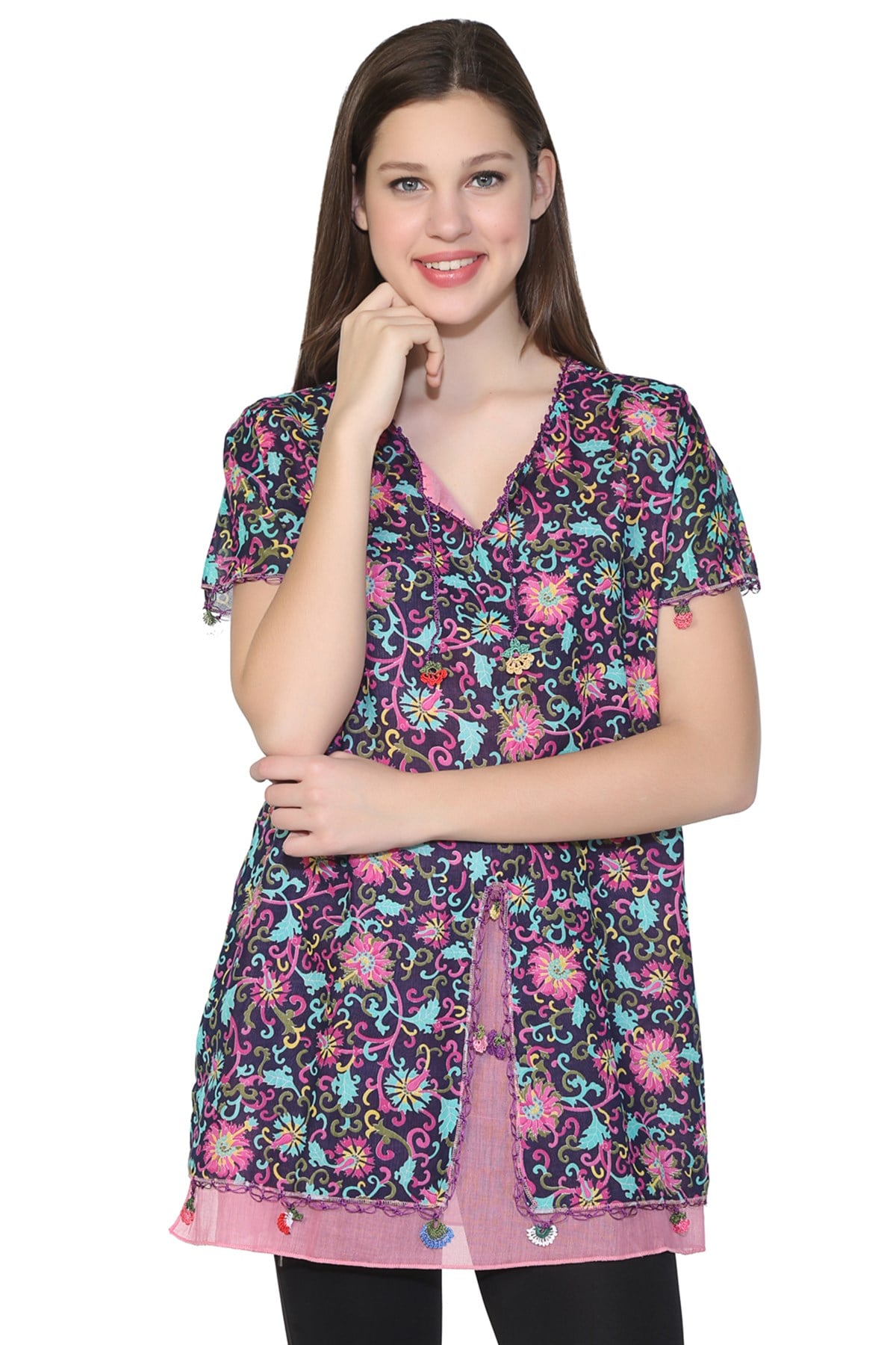 Kısa Kol Ceyda Vual Bluz Tomurcuk Desen Mor