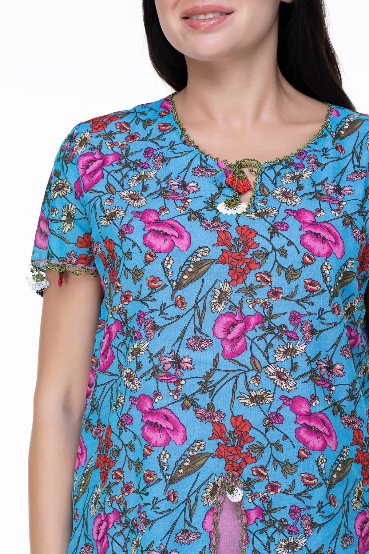 Short Sleeve Ceyda Voile Blouse Turquoise