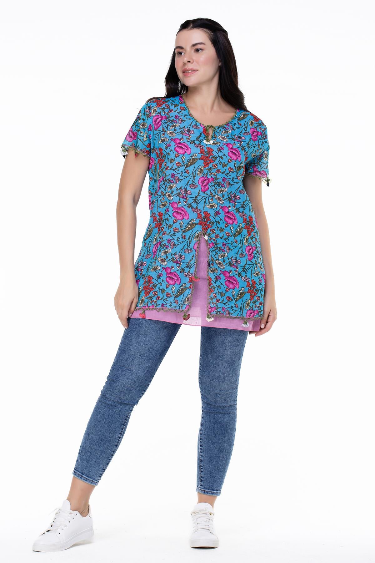Short Sleeve Ceyda Voile Blouse Turquoise