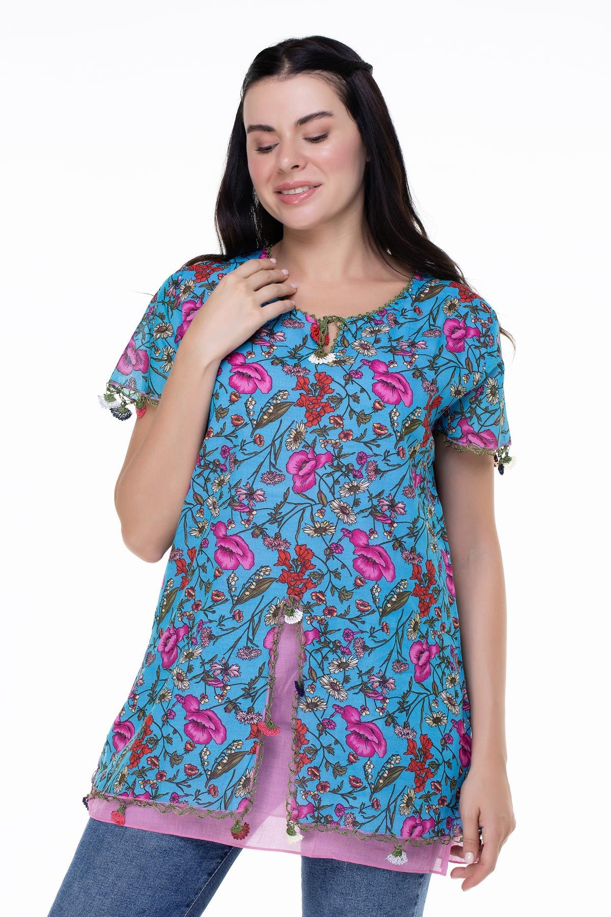 Short Sleeve Ceyda Voile Blouse Turquoise