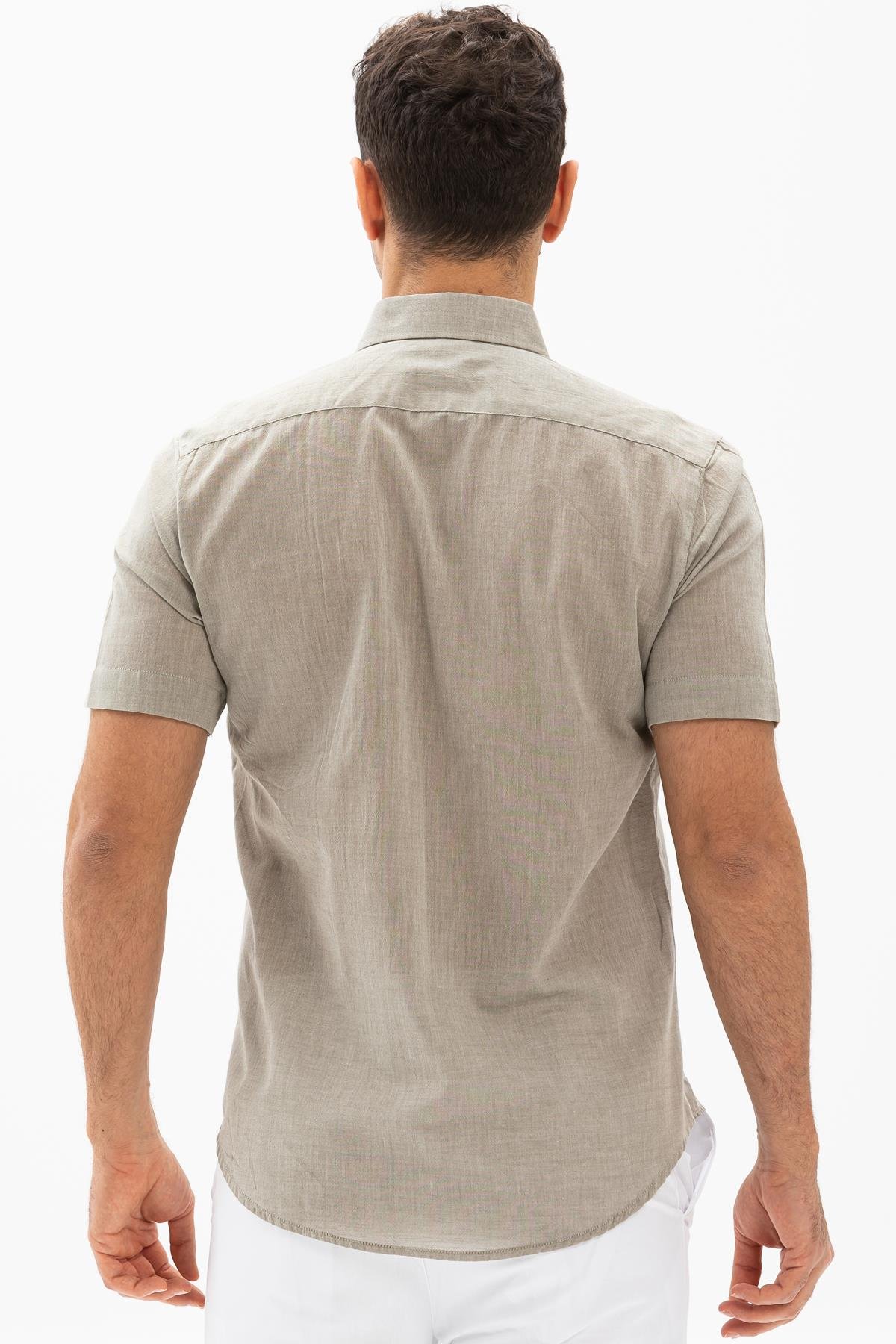 Kısa Kol Dar Kalıp Şile Bezi Tek Cepli Erkek Gömlek Taş 3031
