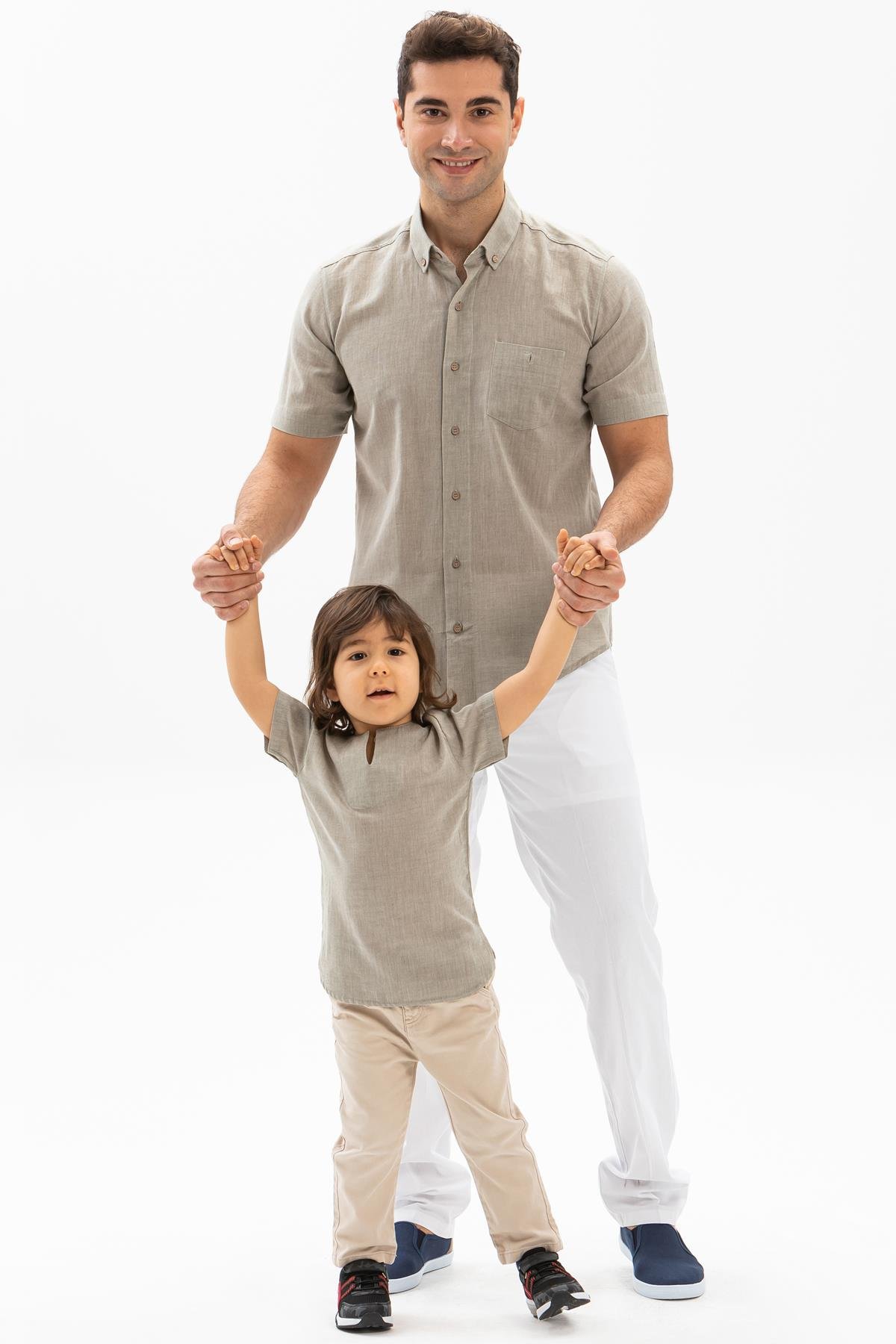 Kısa Kol Dar Kalıp Şile Bezi Tek Cepli Erkek Gömlek Taş 3031