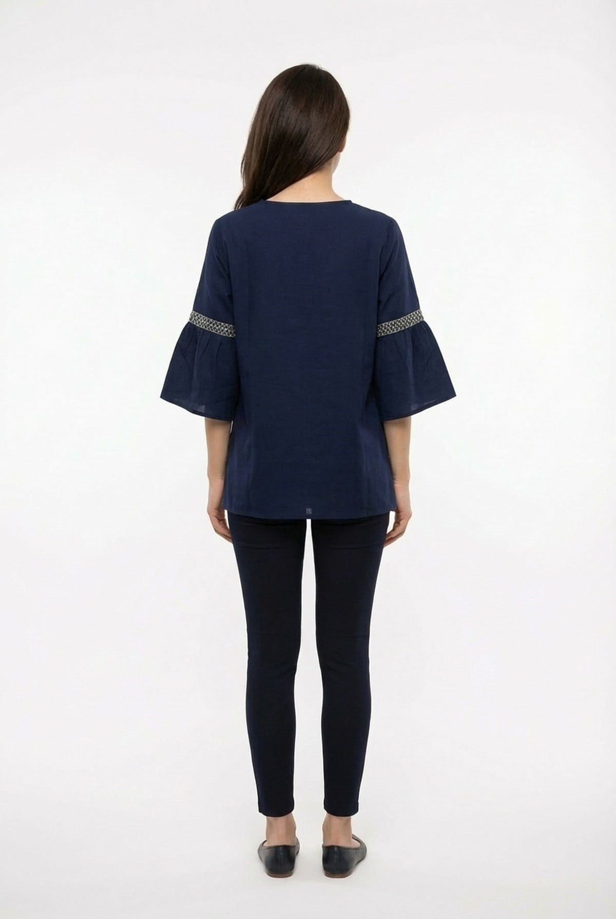 Short Sleeve Dicle Lace-Up V-Neck Şile Fabric Summer Blouse Navy Blue