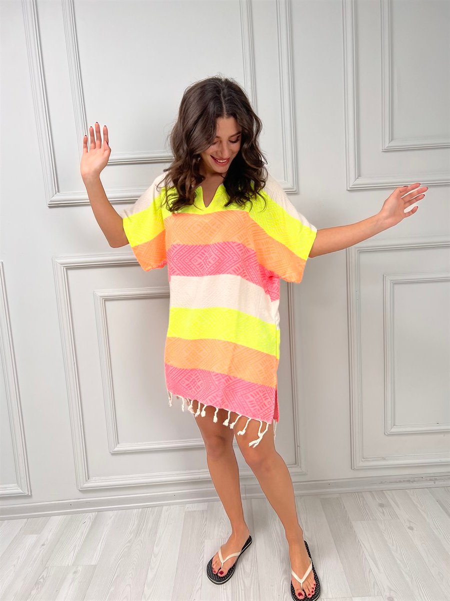 Kısa Kol Dokuma Sahil Mini Panço Renkli Rnk