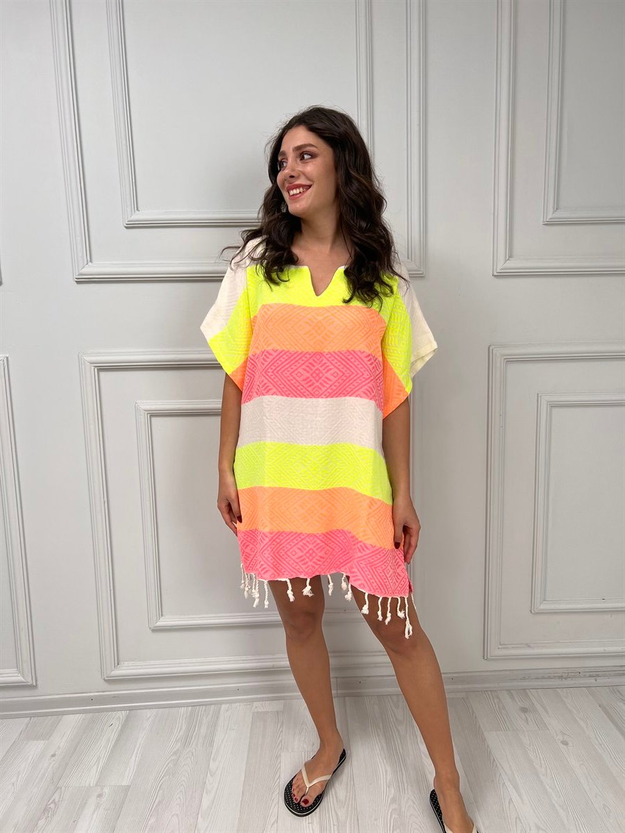 Kısa Kol Dokuma Sahil Mini Panço Renkli Rnk