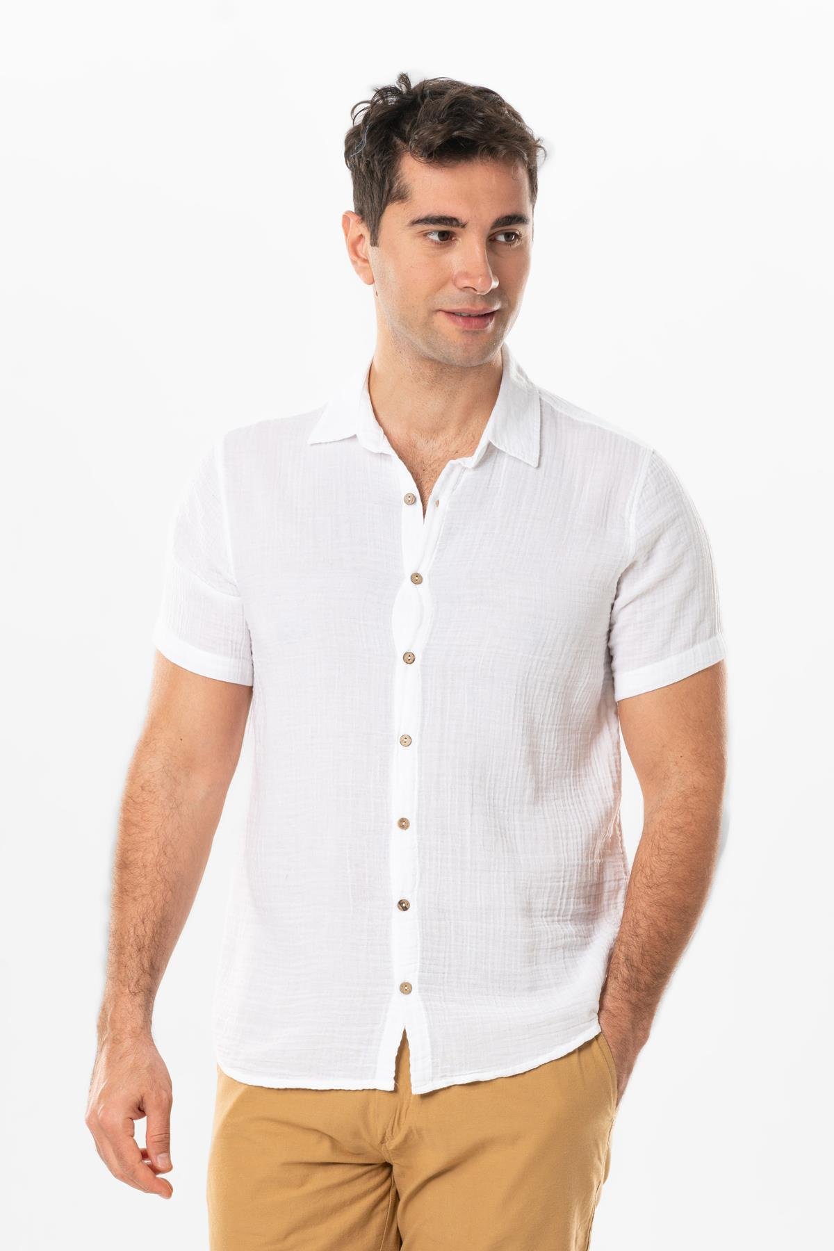 Short Sleeve Men's Summer Muslin Shirt White