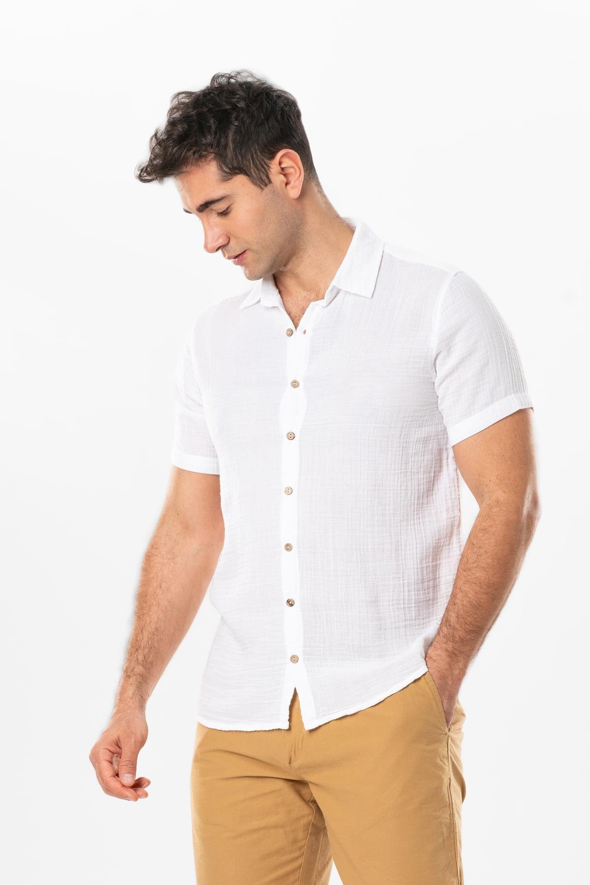 Short Sleeve Men's Summer Muslin Shirt White