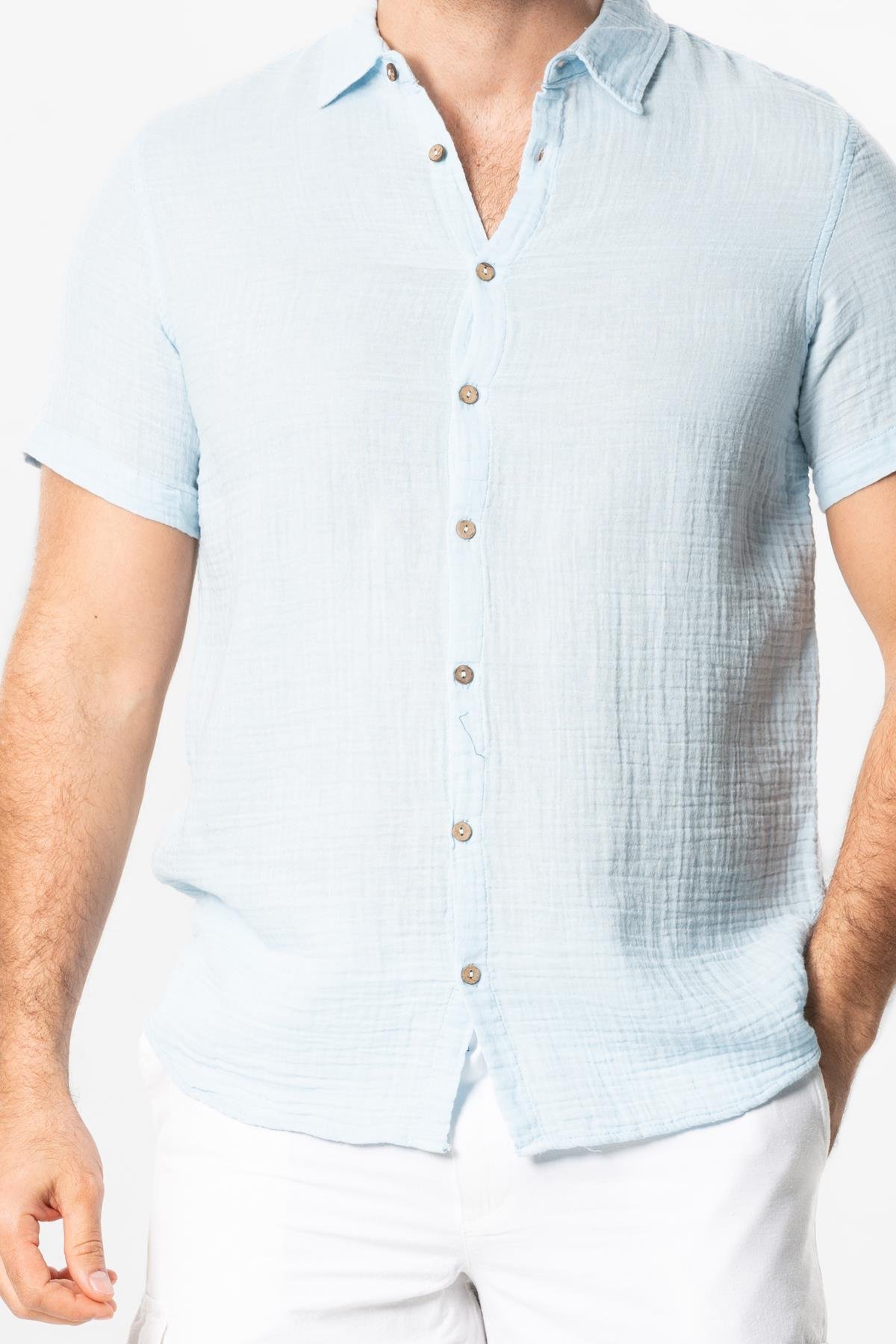 Short Sleeve Men's Summer Muslin Shirt Ice Blue