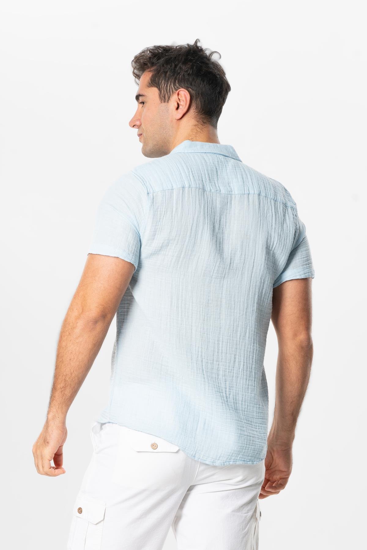 Short Sleeve Men's Summer Muslin Shirt Ice Blue