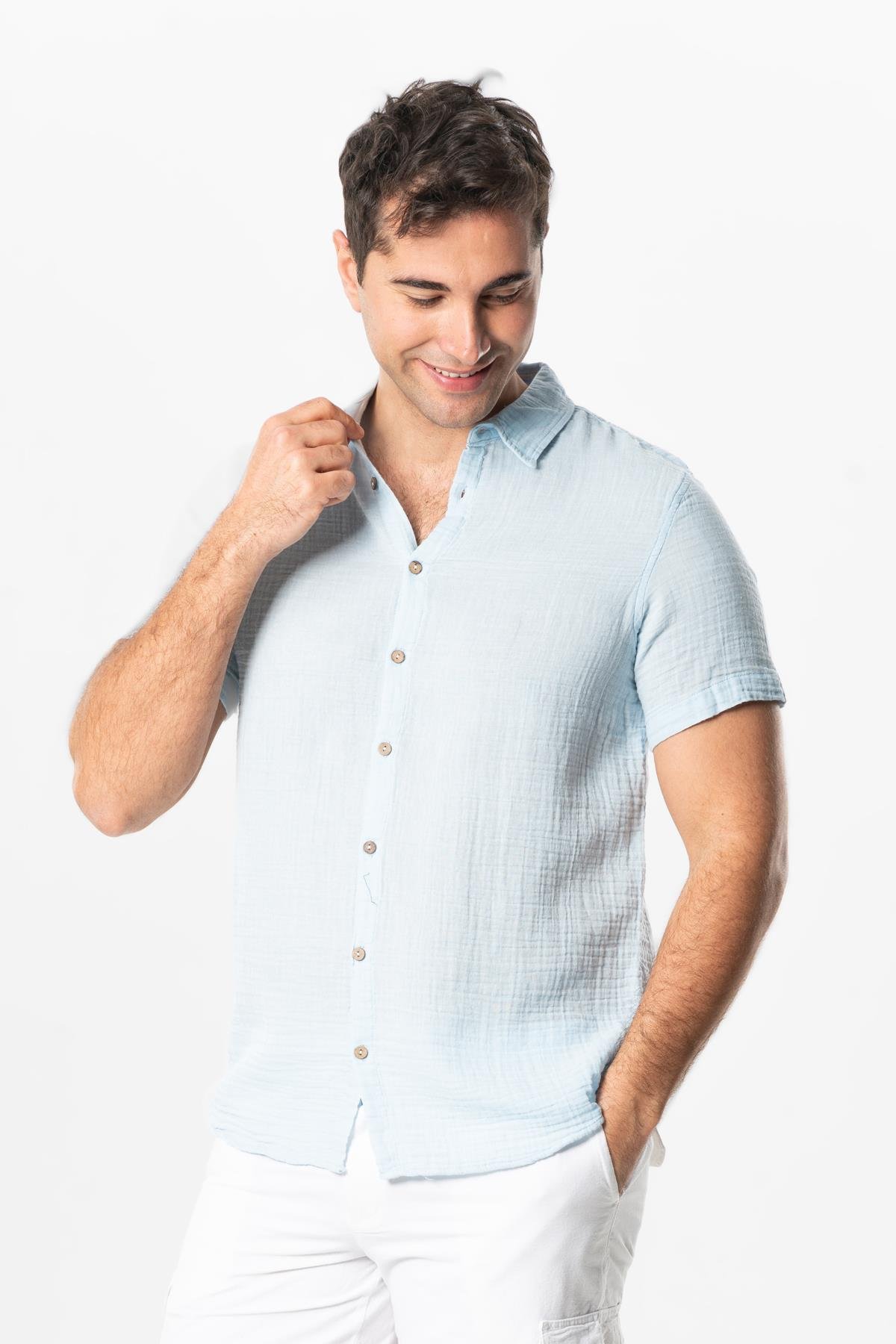 Short Sleeve Men's Summer Muslin Shirt Ice Blue