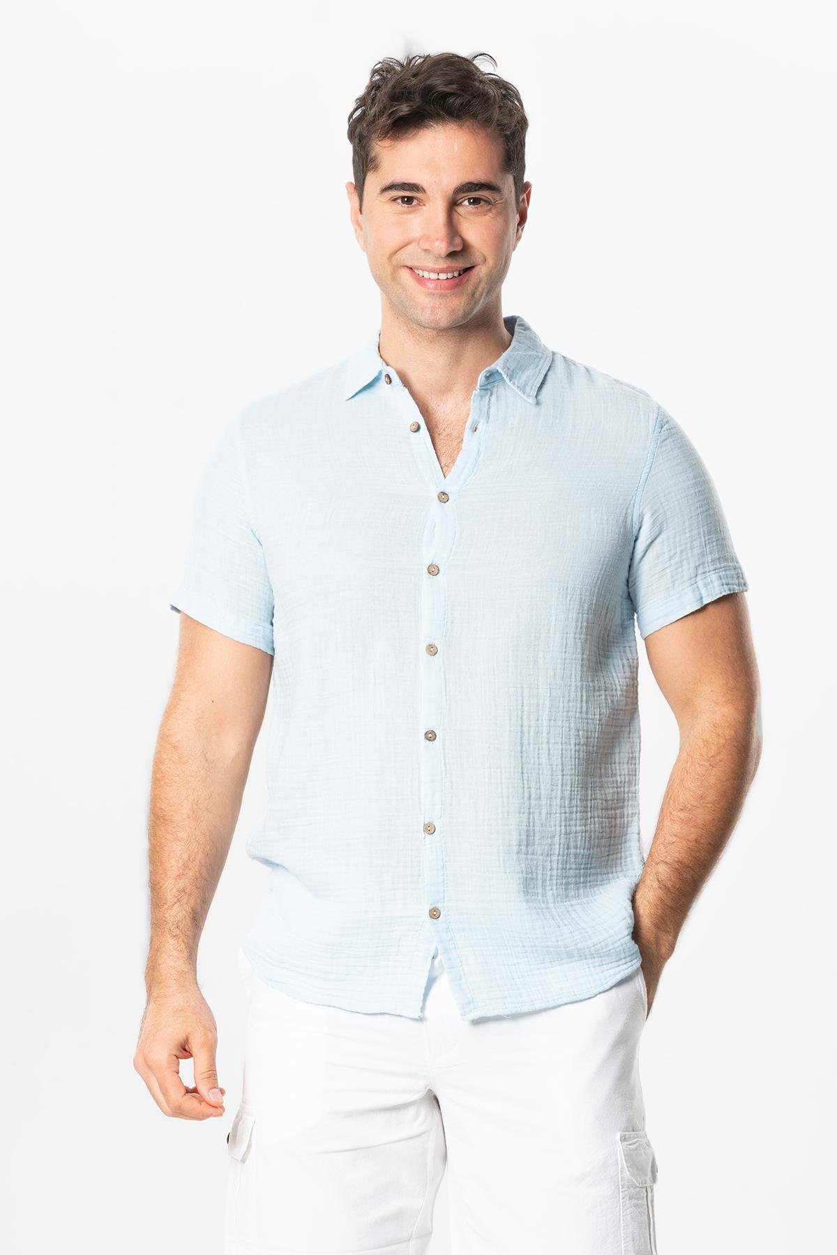 Short Sleeve Men's Summer Muslin Shirt Ice Blue