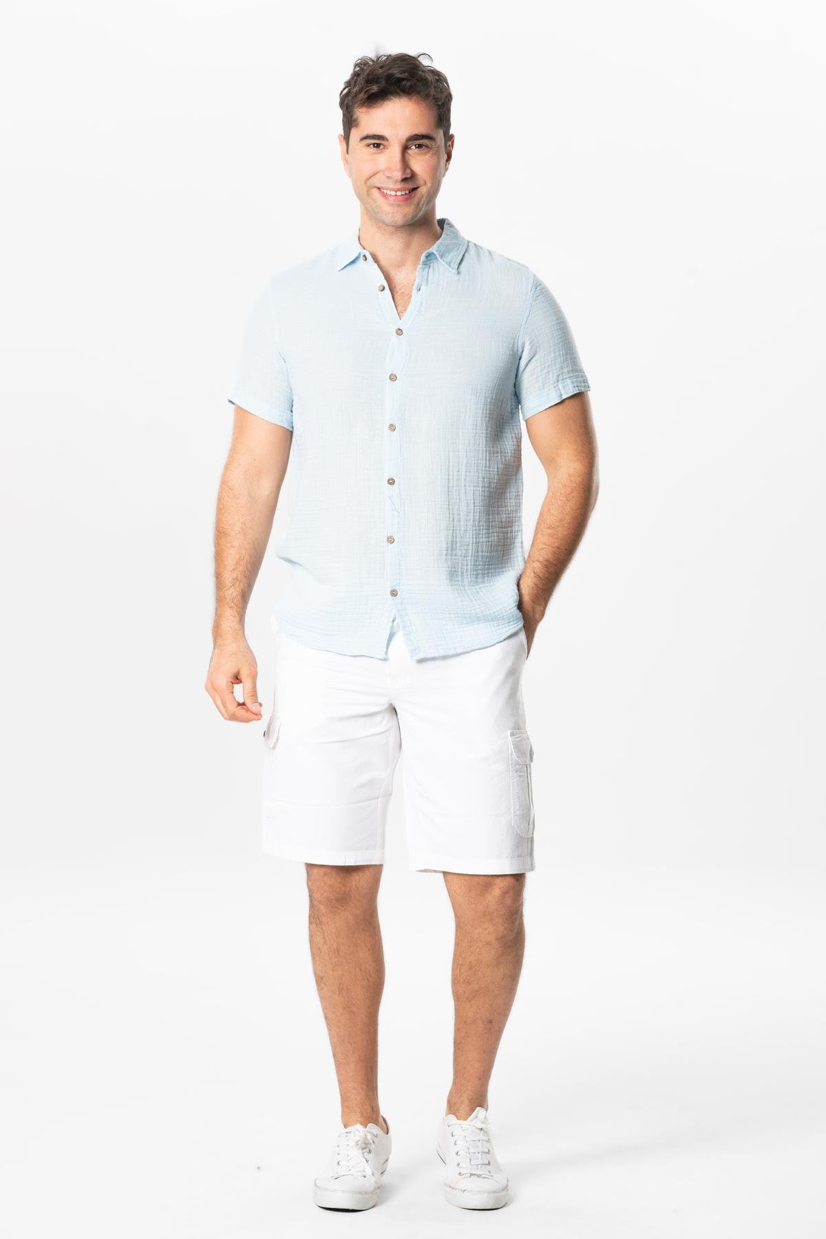 Short Sleeve Men's Summer Muslin Shirt Ice Blue