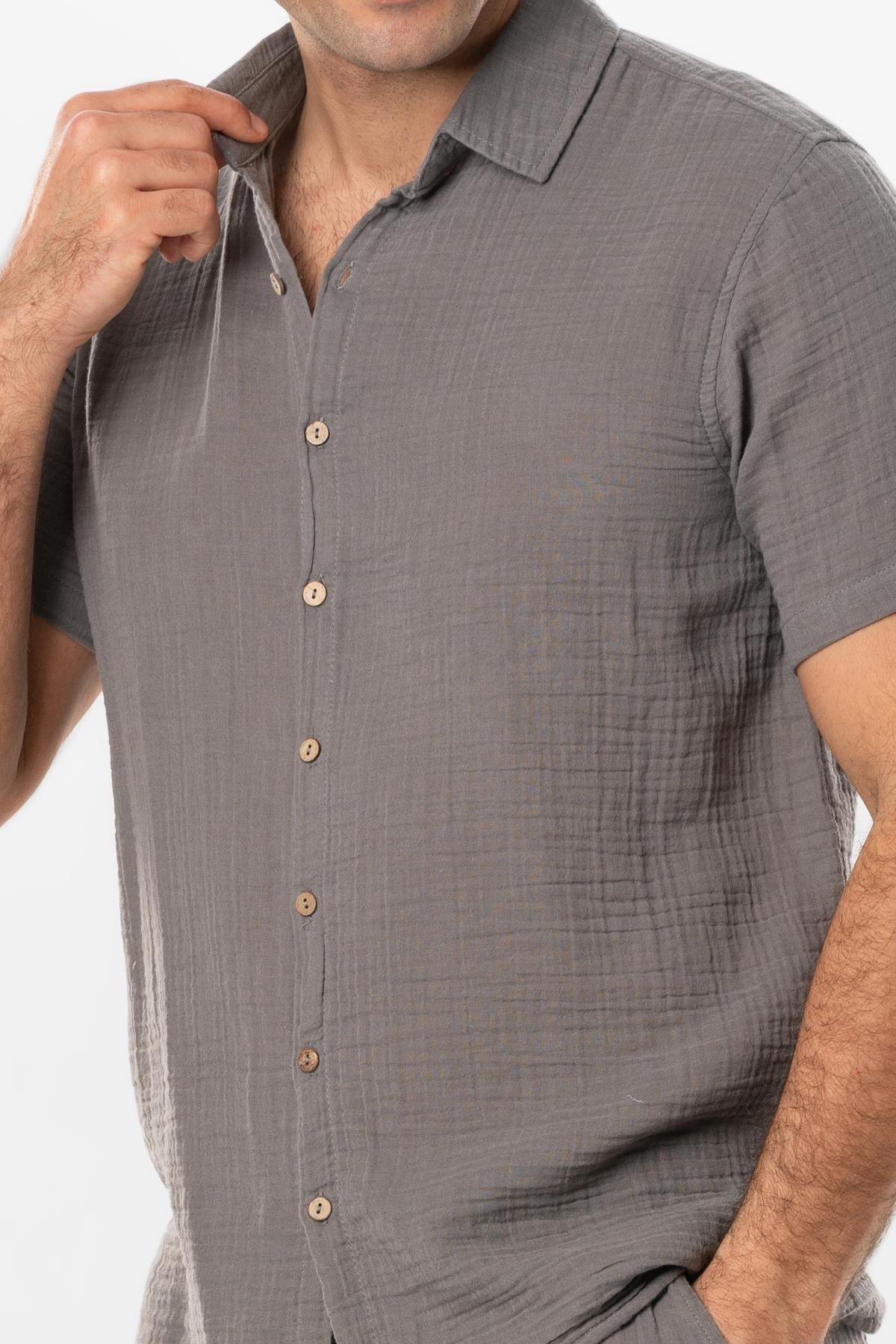 Short Sleeve Men's Summer Muslin Shirt Gray 