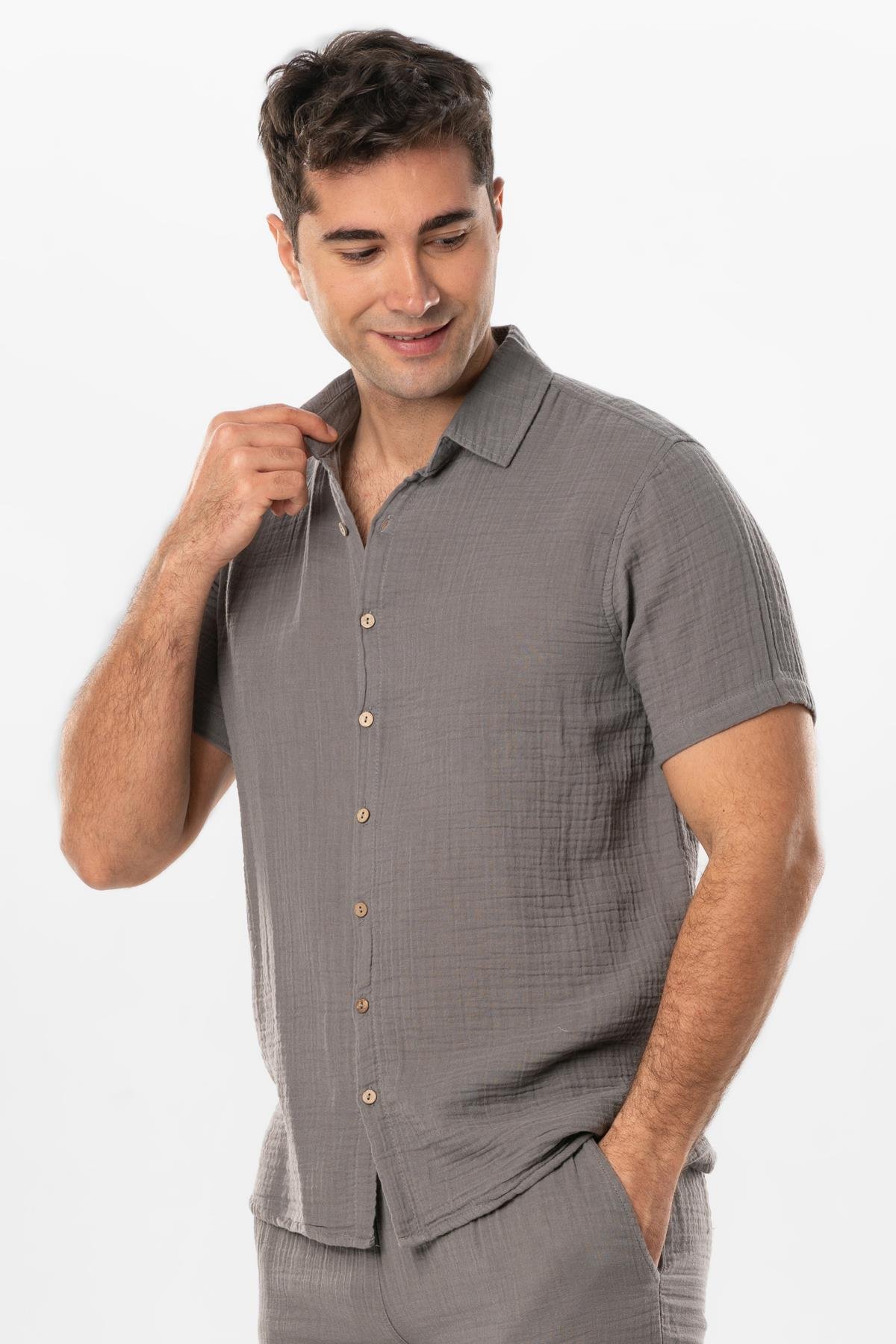 Short Sleeve Men's Summer Muslin Shirt Gray 
