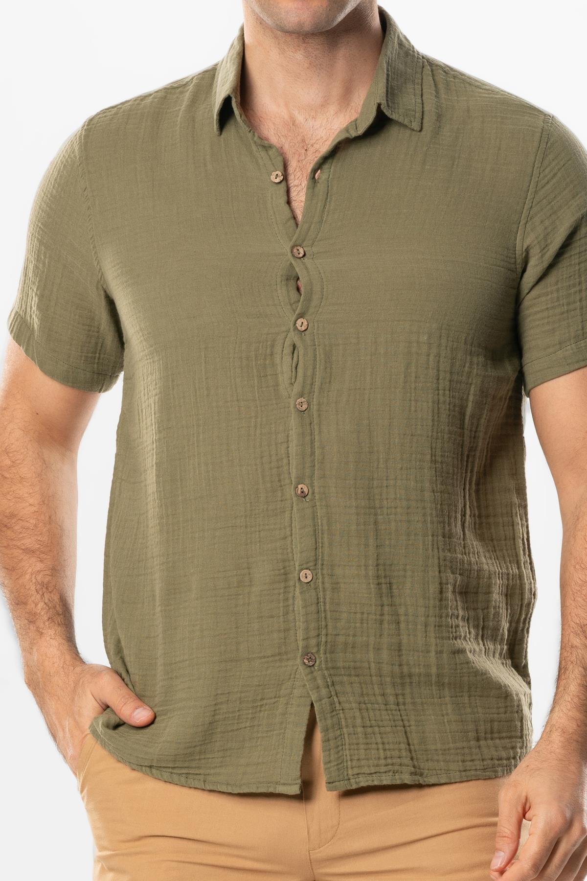 Short Sleeve Men's Summer Muslin Shirt Khaki