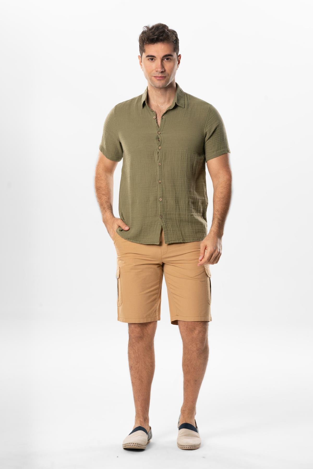 Short Sleeve Men's Summer Muslin Shirt Khaki