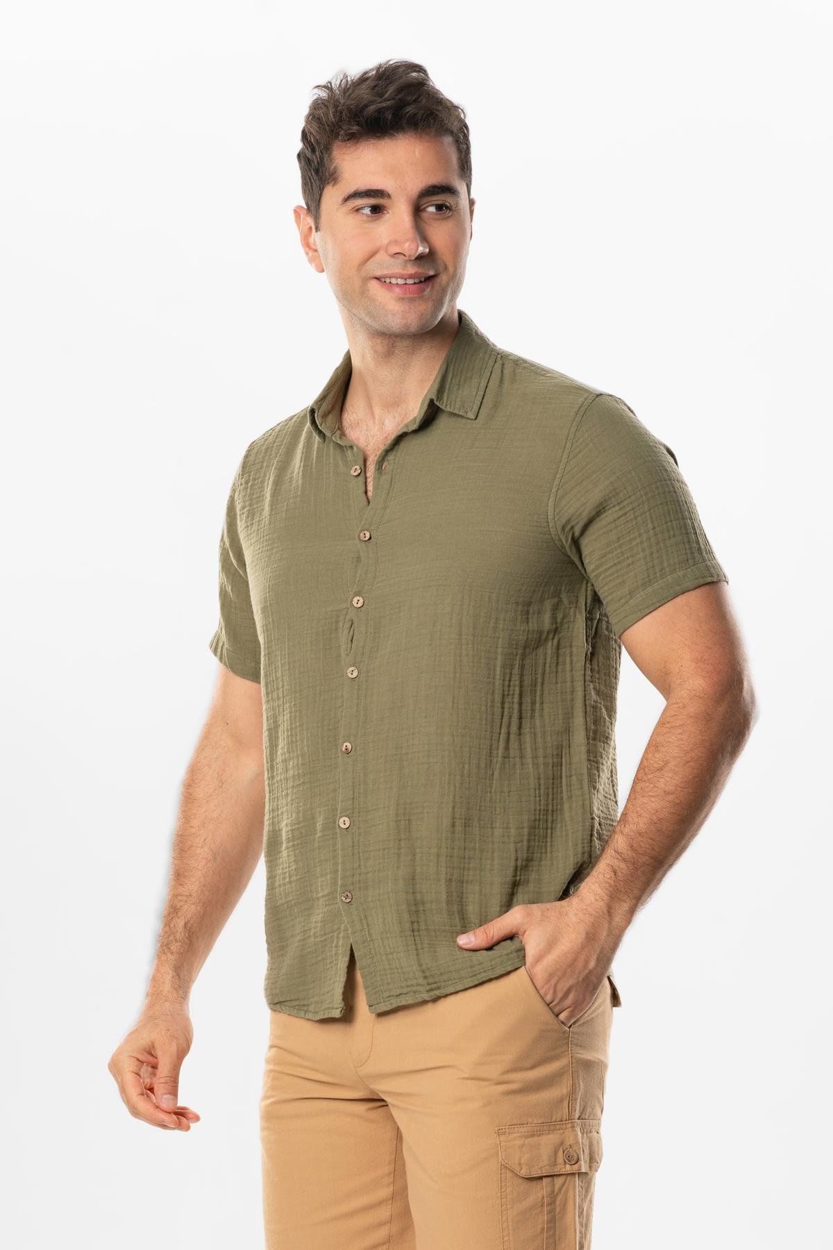 Short Sleeve Men's Summer Muslin Shirt Khaki