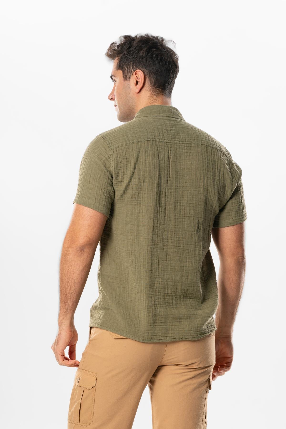 Short Sleeve Men's Summer Muslin Shirt Khaki