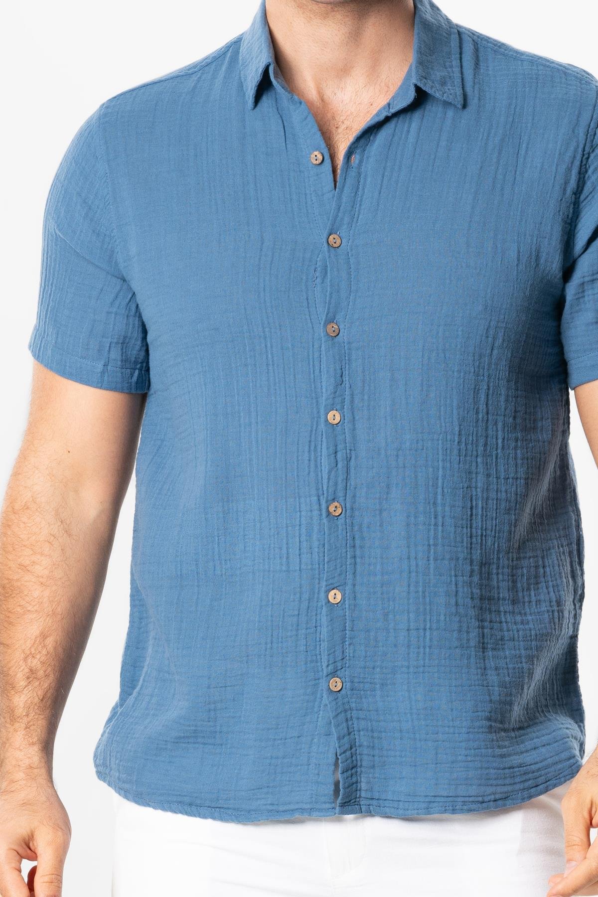 Short Sleeve Men's Summer Muslin Shirt Indigo
