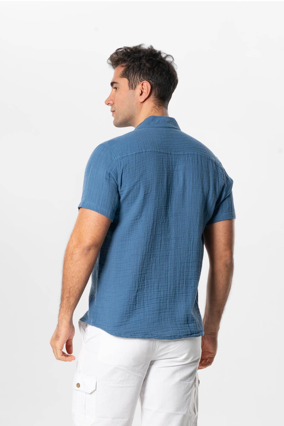 Short Sleeve Men's Summer Muslin Shirt Indigo