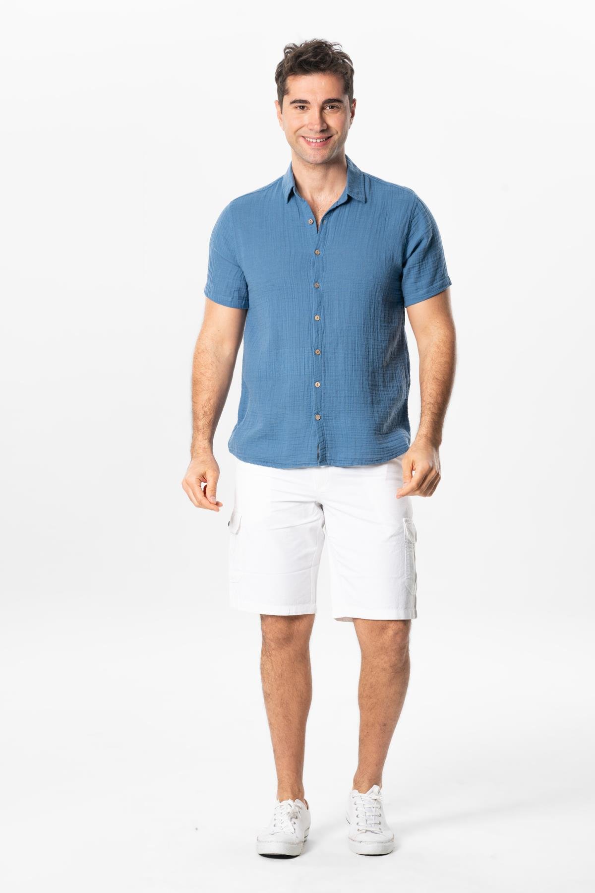 Short Sleeve Men's Summer Muslin Shirt Indigo