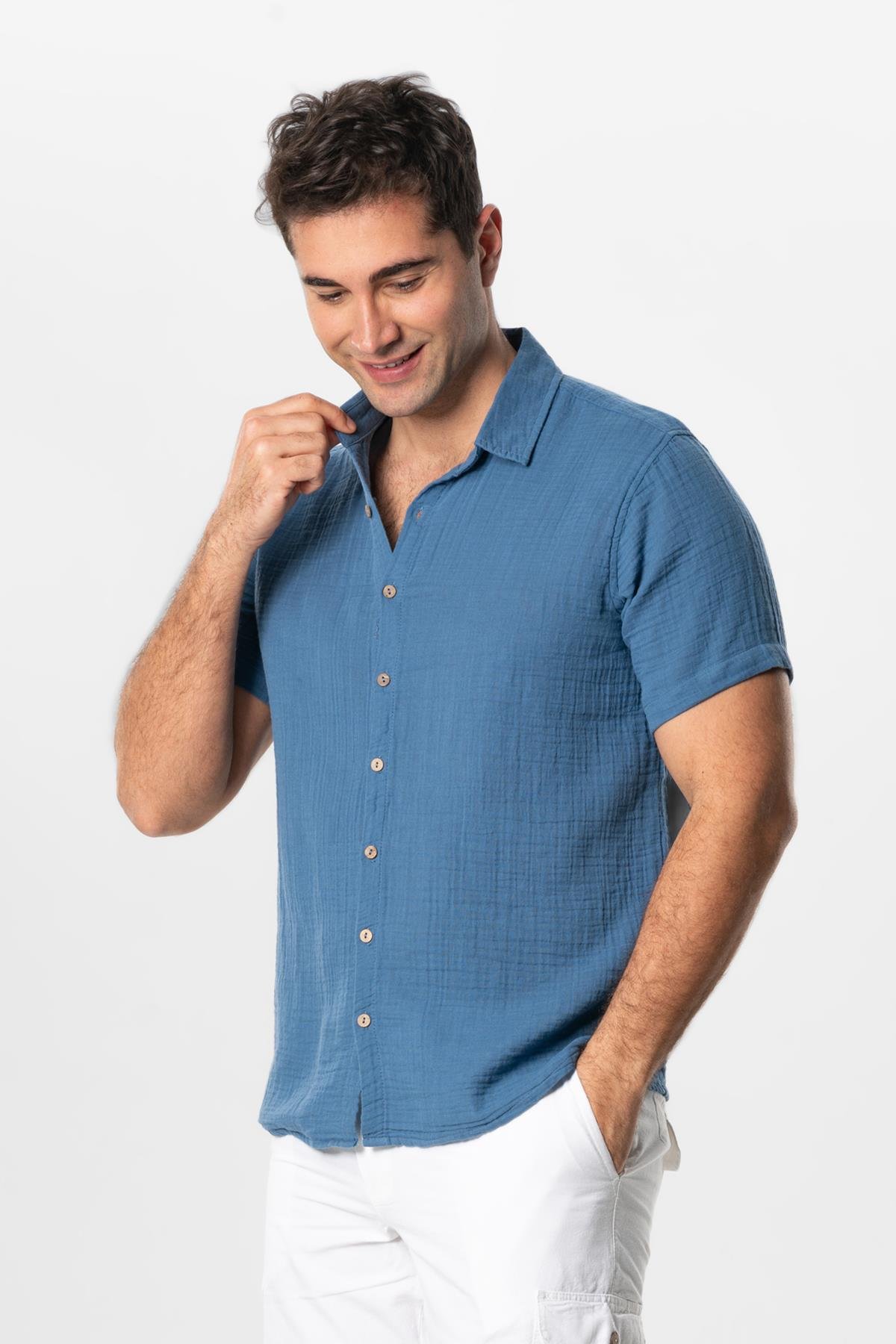 Short Sleeve Men's Summer Muslin Shirt Indigo