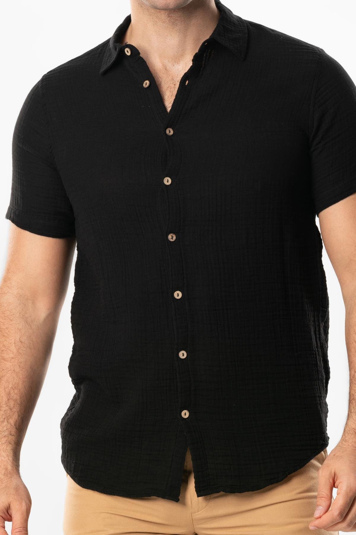 Short Sleeve Men's Summer Muslin Shirt Black