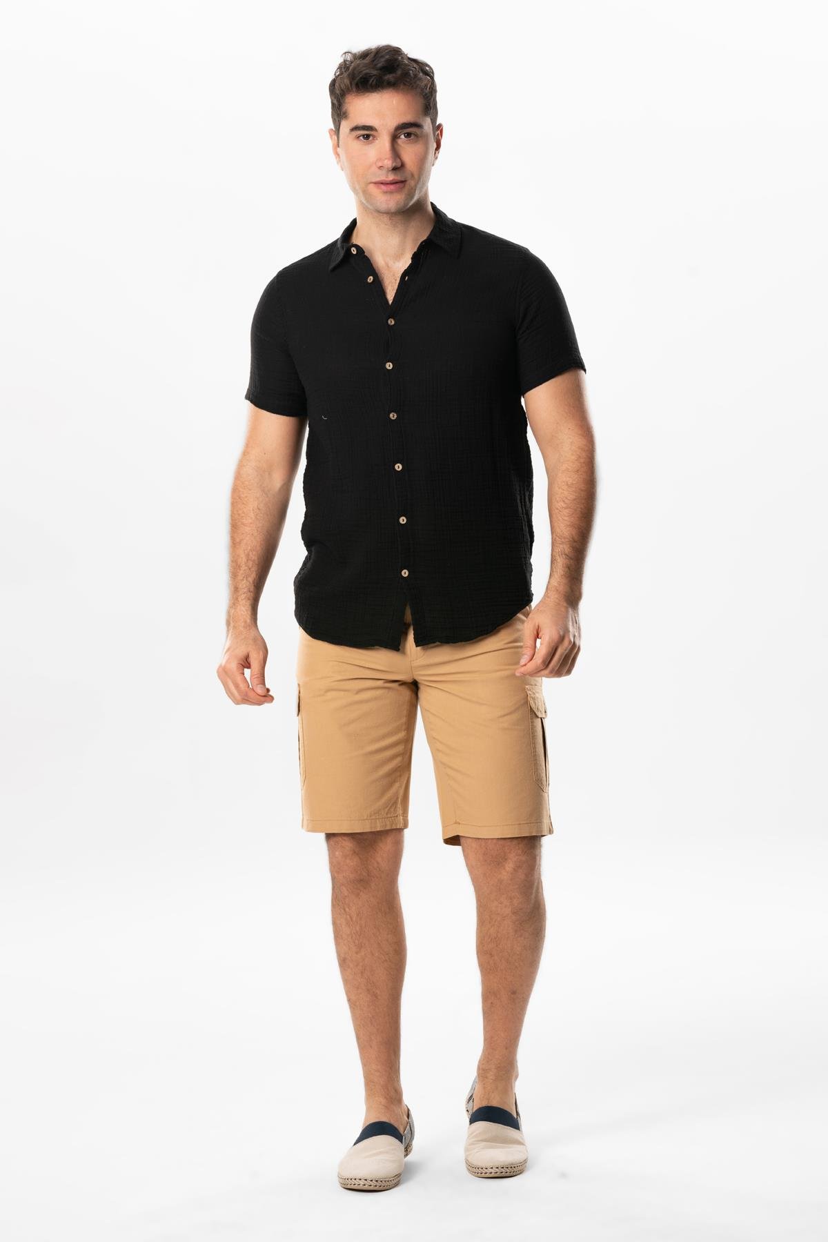 Short Sleeve Men's Summer Muslin Shirt Black