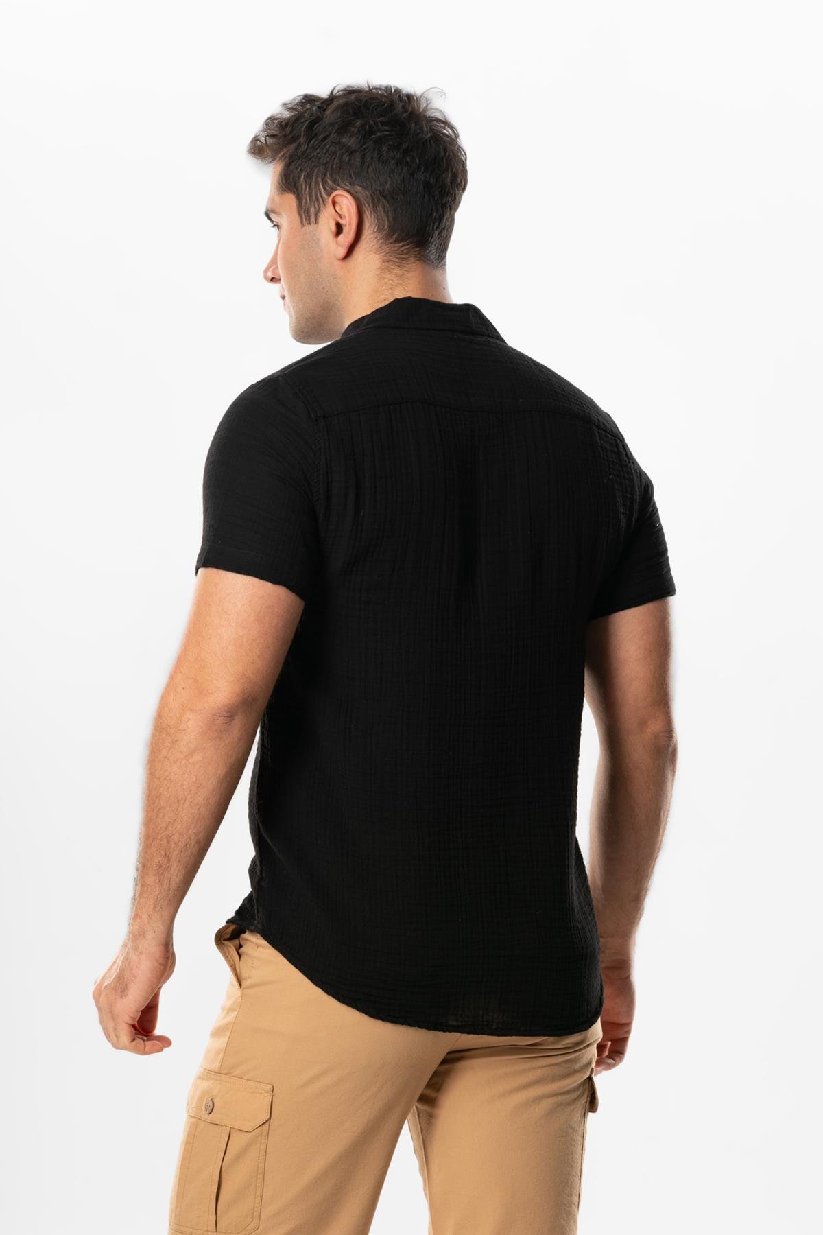 Short Sleeve Men's Summer Muslin Shirt Black