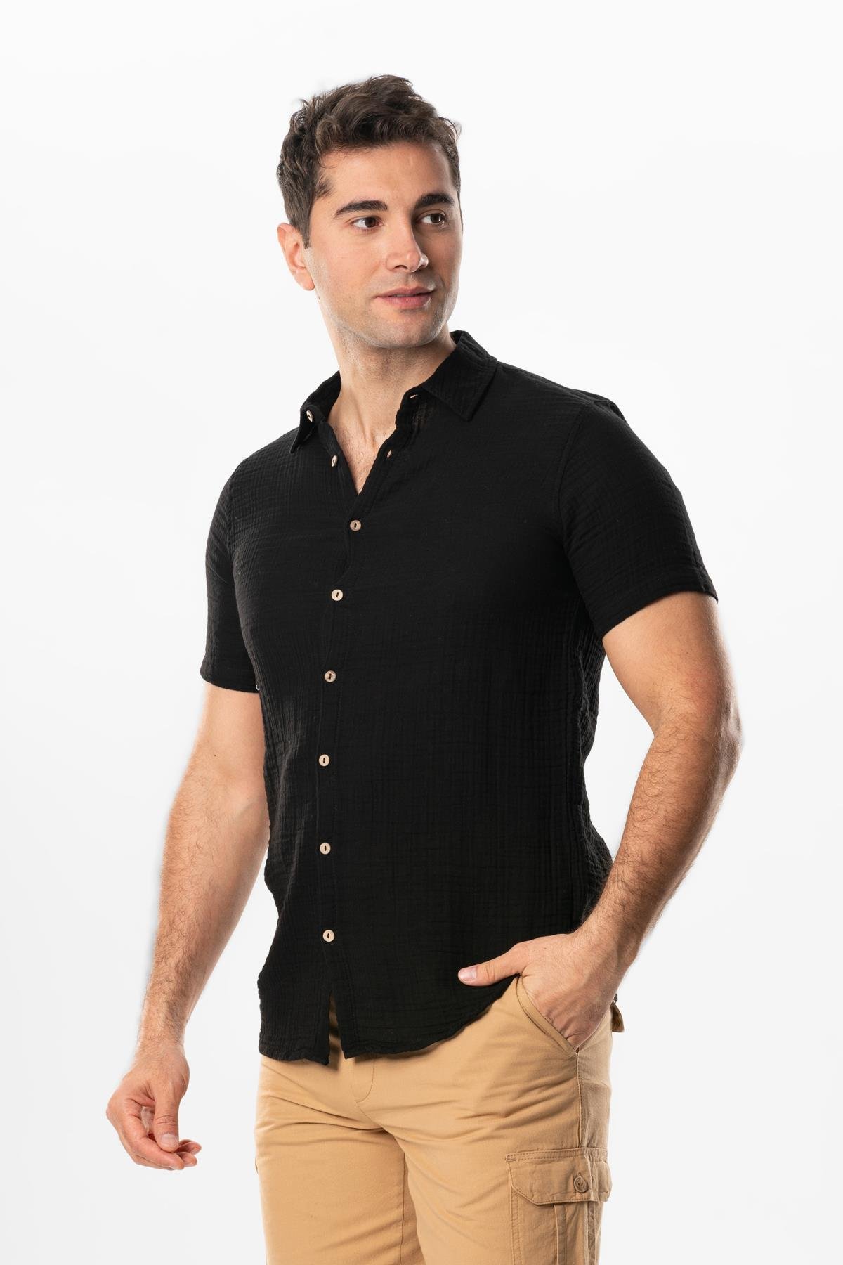 Short Sleeve Men's Summer Muslin Shirt Black