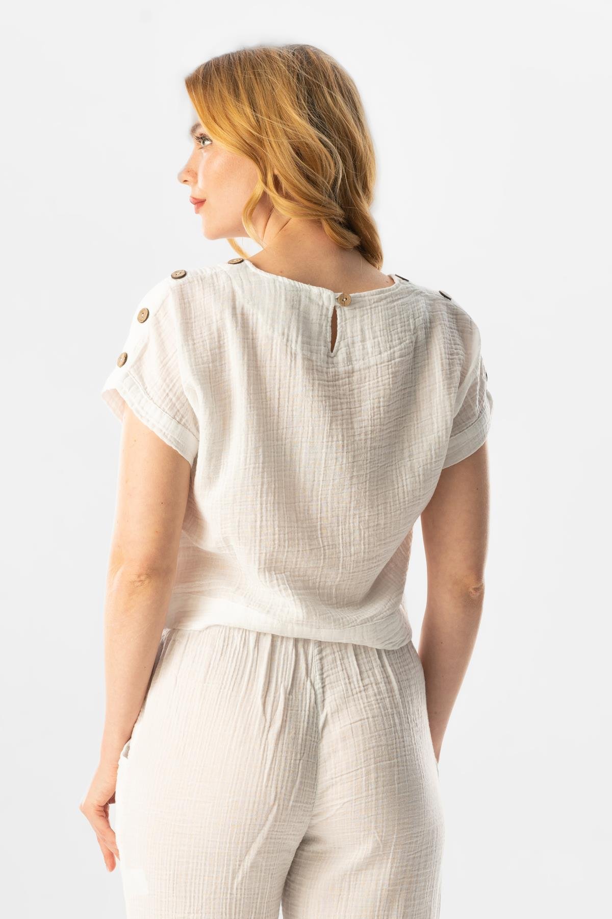 Kısa Kol İzel Yazlık Müslin Bluz Beyaz Byz