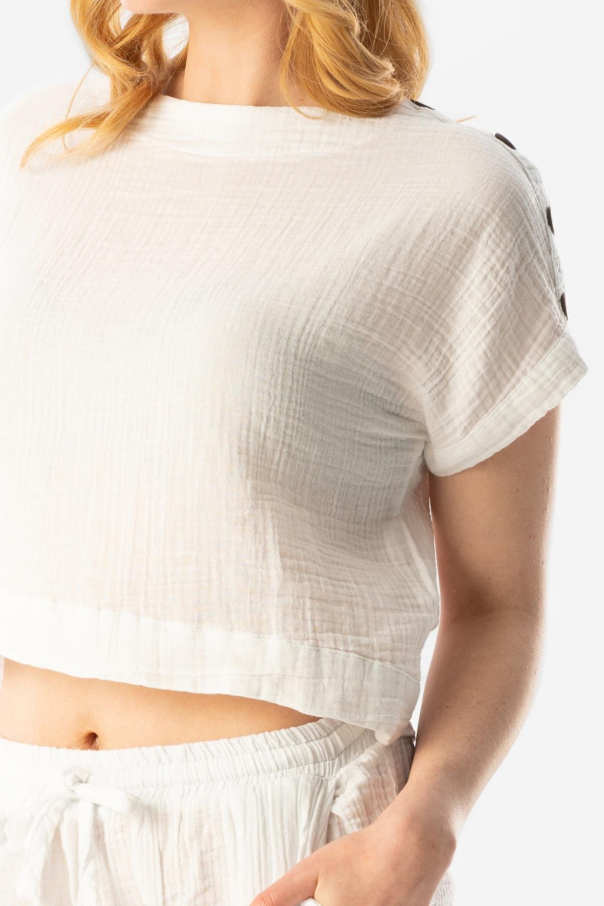 Kısa Kol İzel Yazlık Müslin Bluz Beyaz Byz