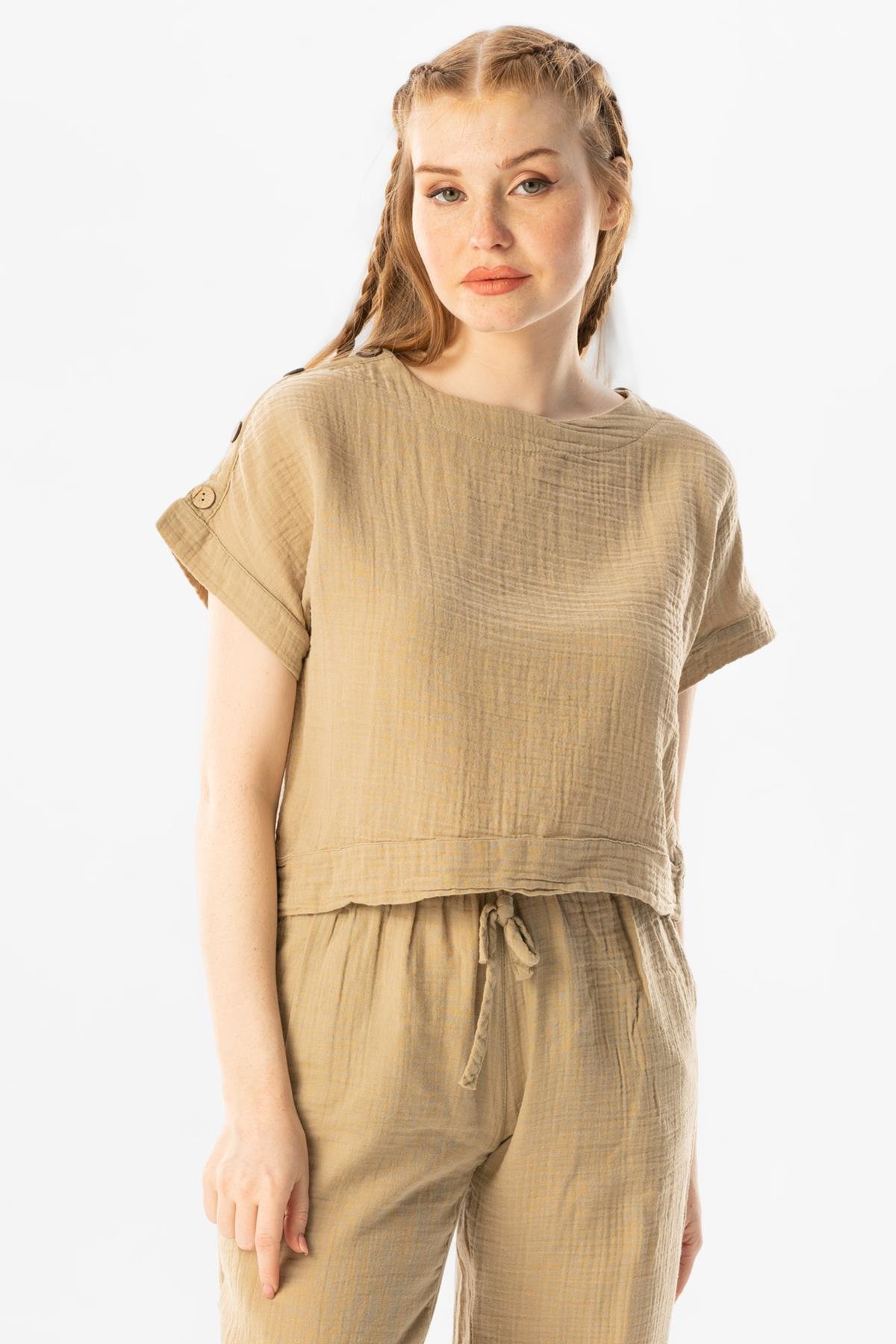 Kısa Kol İzel Yazlık Müslin Bluz Vizon Vzn