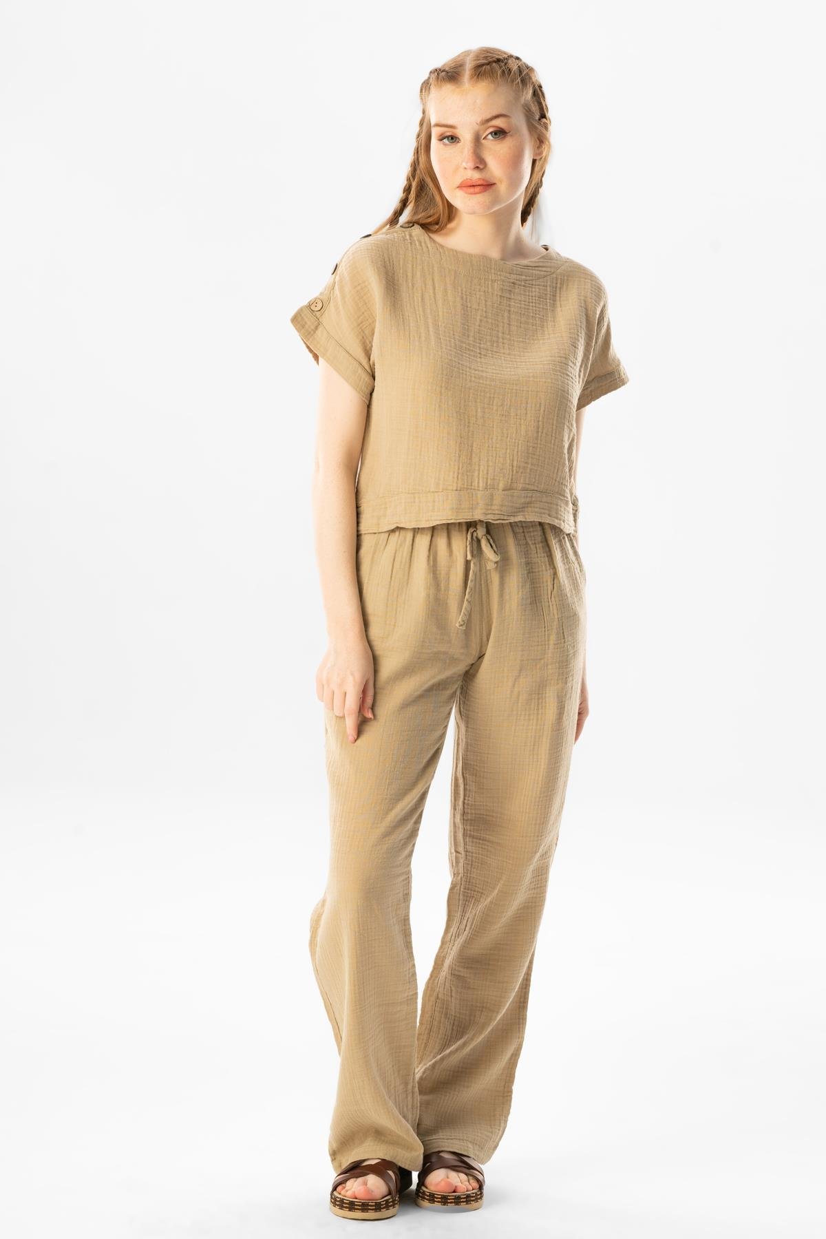 Kısa Kol İzel Yazlık Müslin Bluz Vizon Vzn