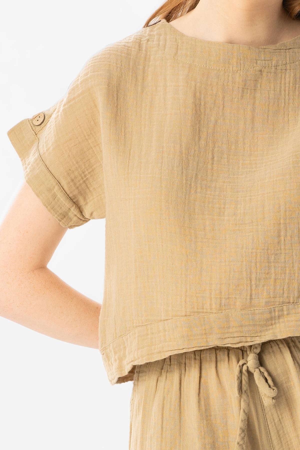 Kısa Kol İzel Yazlık Müslin Bluz Vizon Vzn