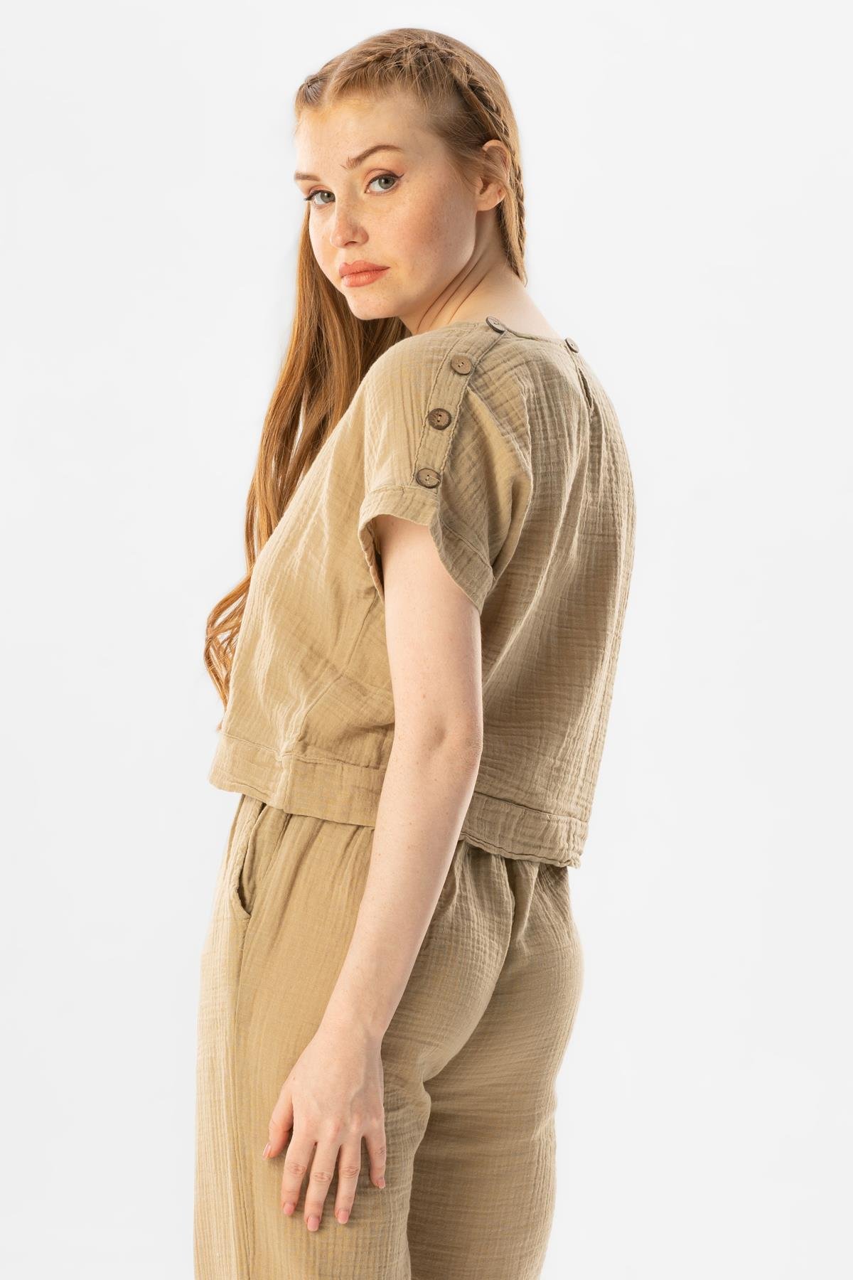 Kısa Kol İzel Yazlık Müslin Bluz Vizon Vzn