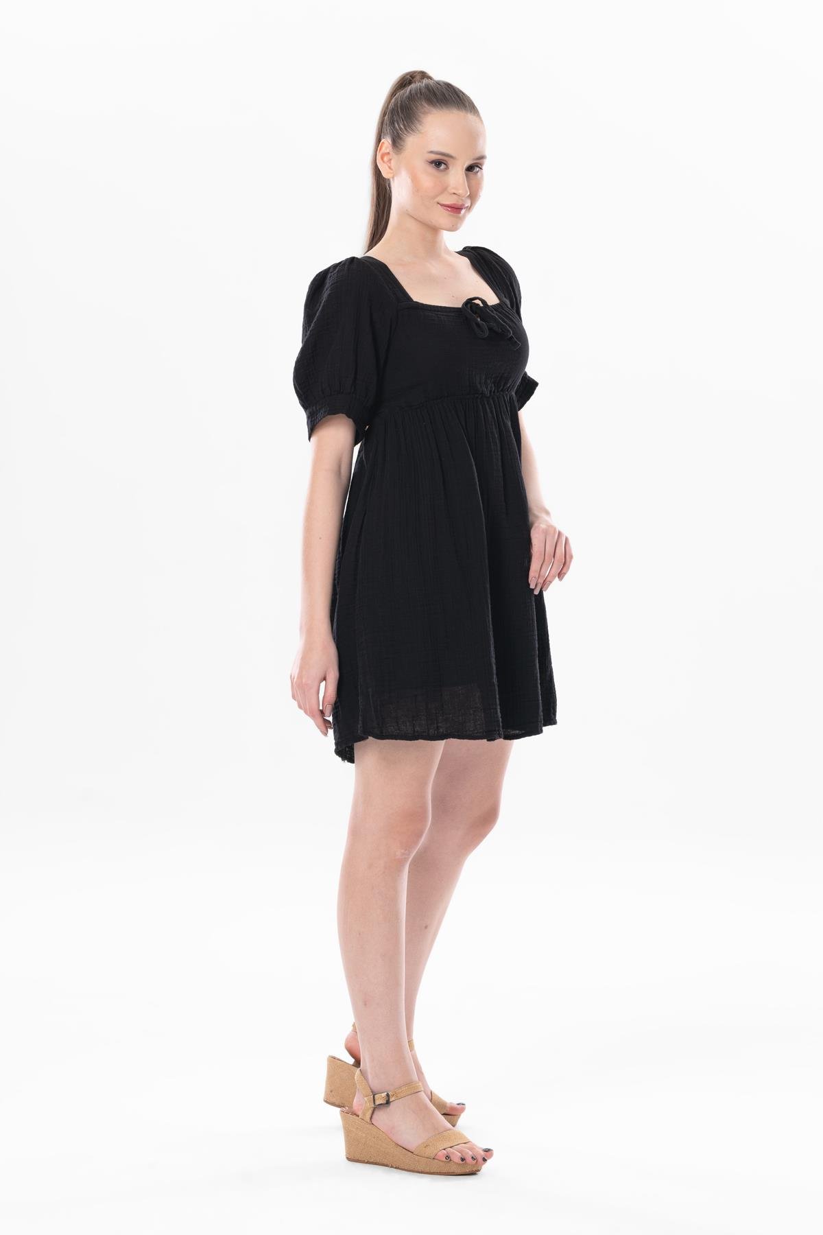 Kısa Kol Lara Kare Yaka Bağlama Detaylı Yazlık Müslin Elbise Siyah Syh