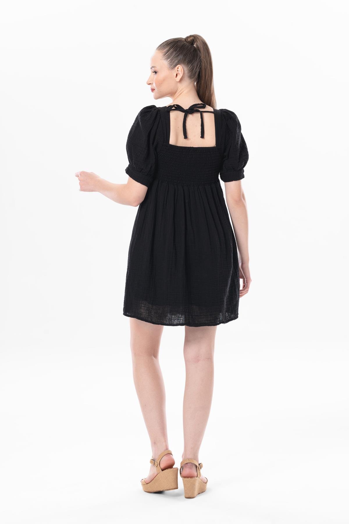 Kısa Kol Lara Kare Yaka Bağlama Detaylı Yazlık Müslin Elbise Siyah Syh