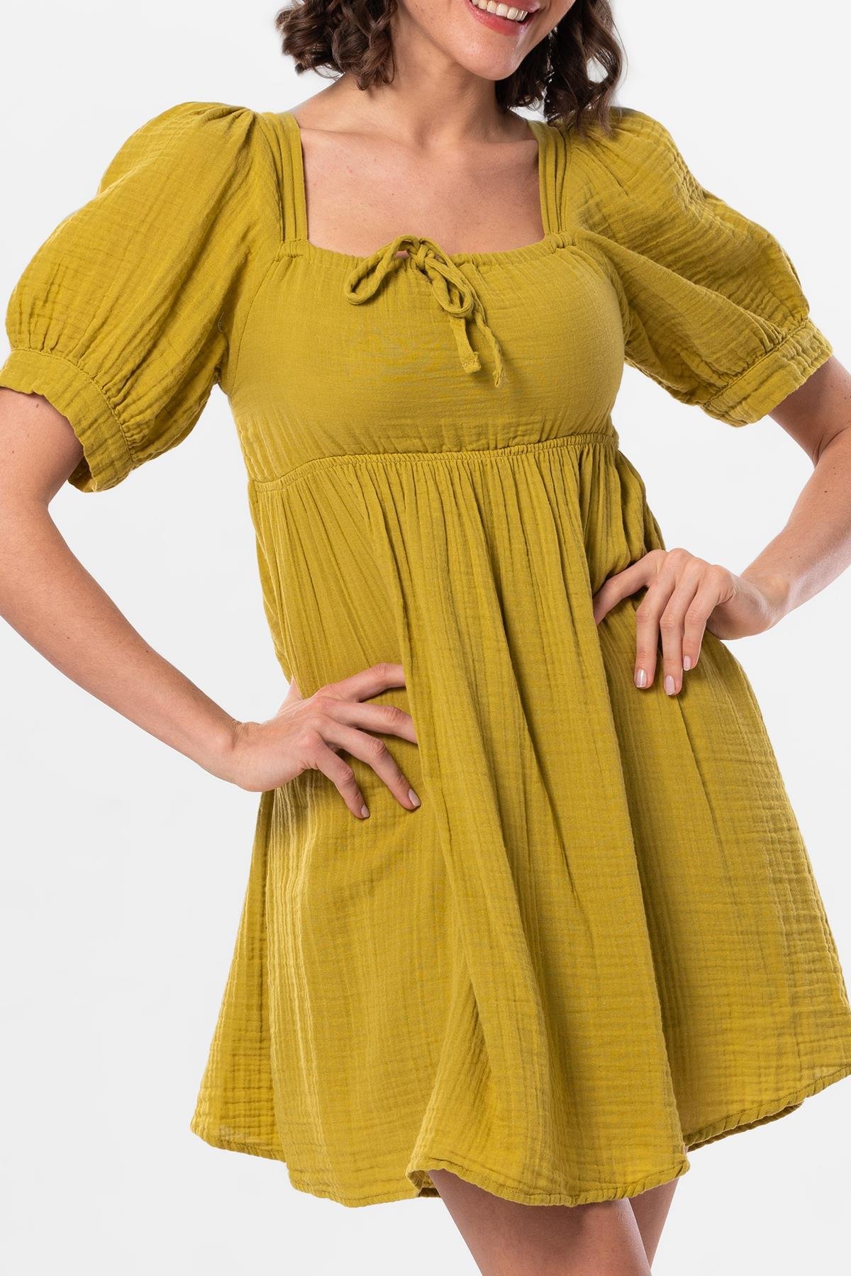 Kısa Kol Lara Kare Yaka Bağlama Detaylı Yazlık Müslin Elbise Yağ Yeşili Ygysl