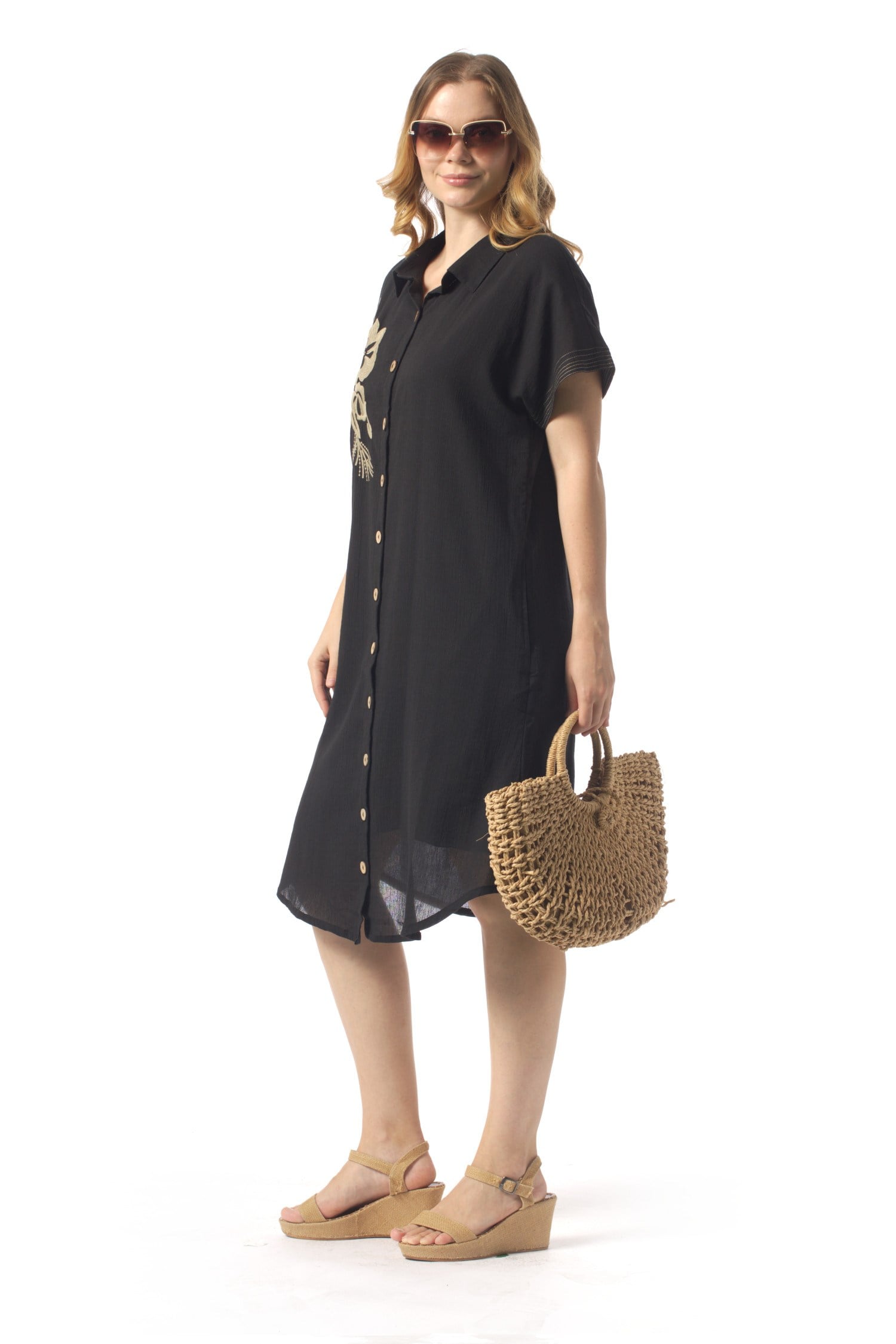Short Sleeve Mira Embroidered Summer Şile Cloth Shirt Dress Black