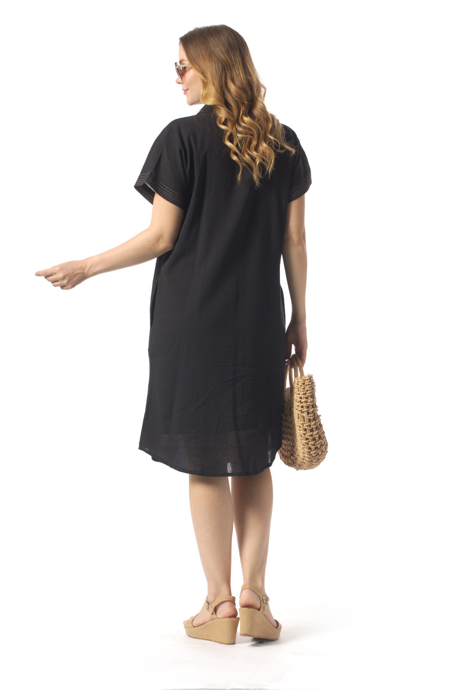 Short Sleeve Mira Embroidered Summer Şile Cloth Shirt Dress Black