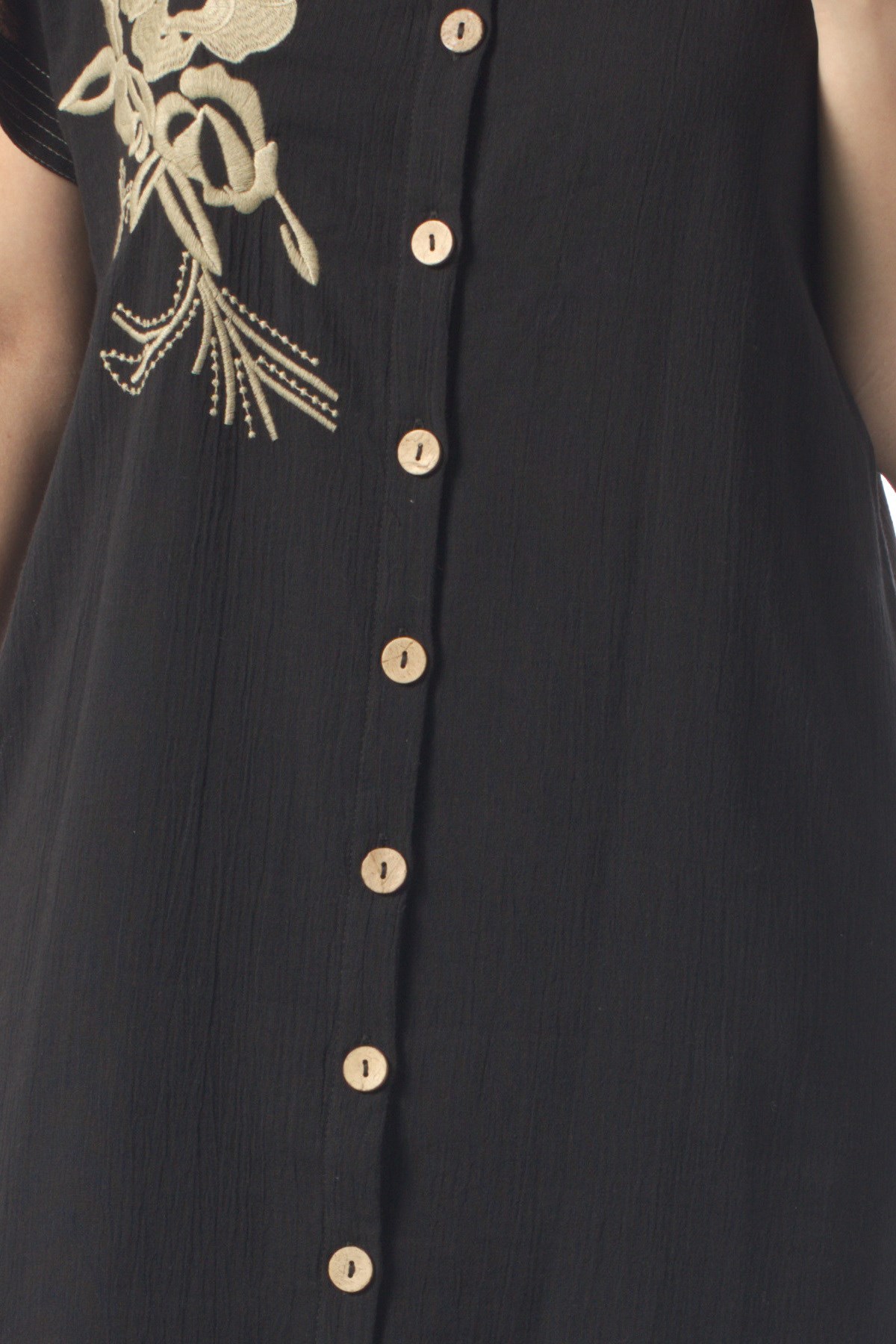 Short Sleeve Mira Embroidered Summer Şile Cloth Shirt Dress Black